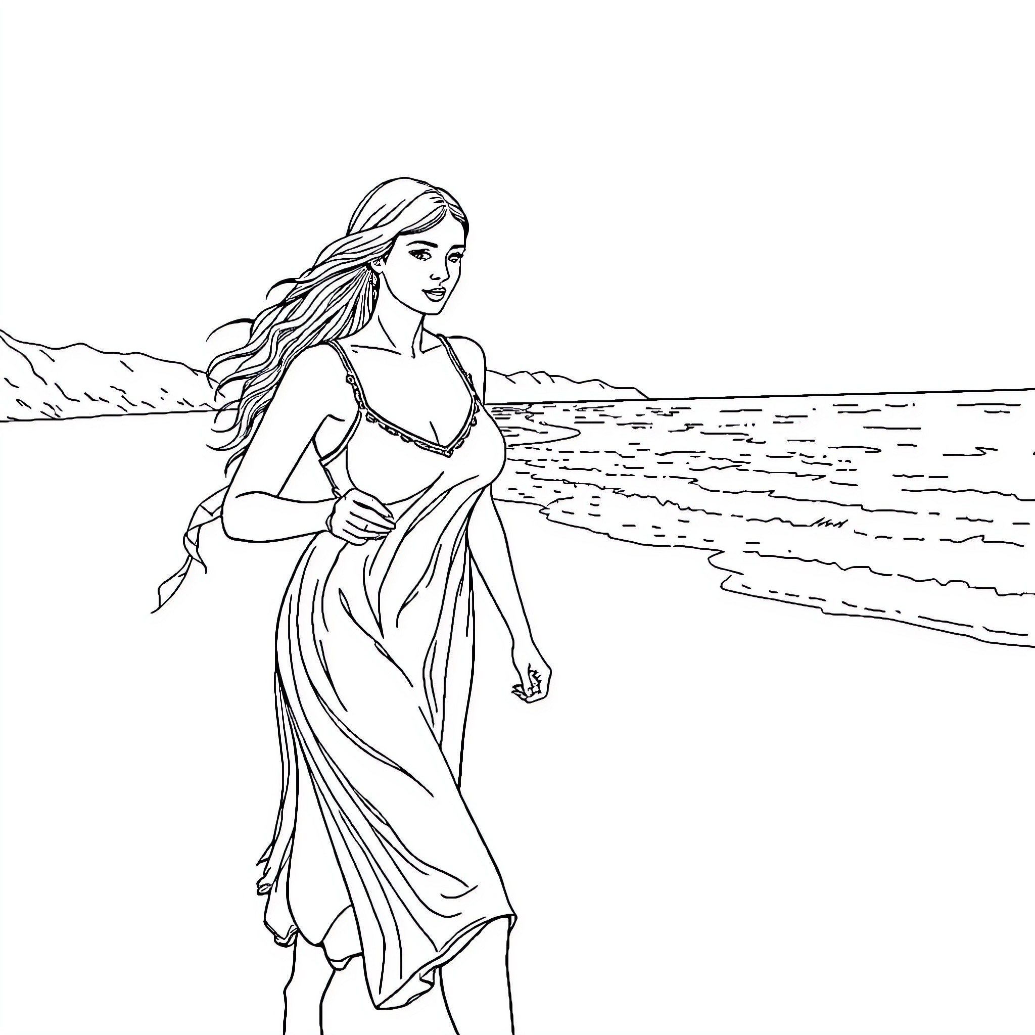 Woman strolling along the beach in elegant attire Coloring Page (free black-and-white line drawing printable PDF for all, from beginners to advanced learners, including children, teens, adults, and seniors)
