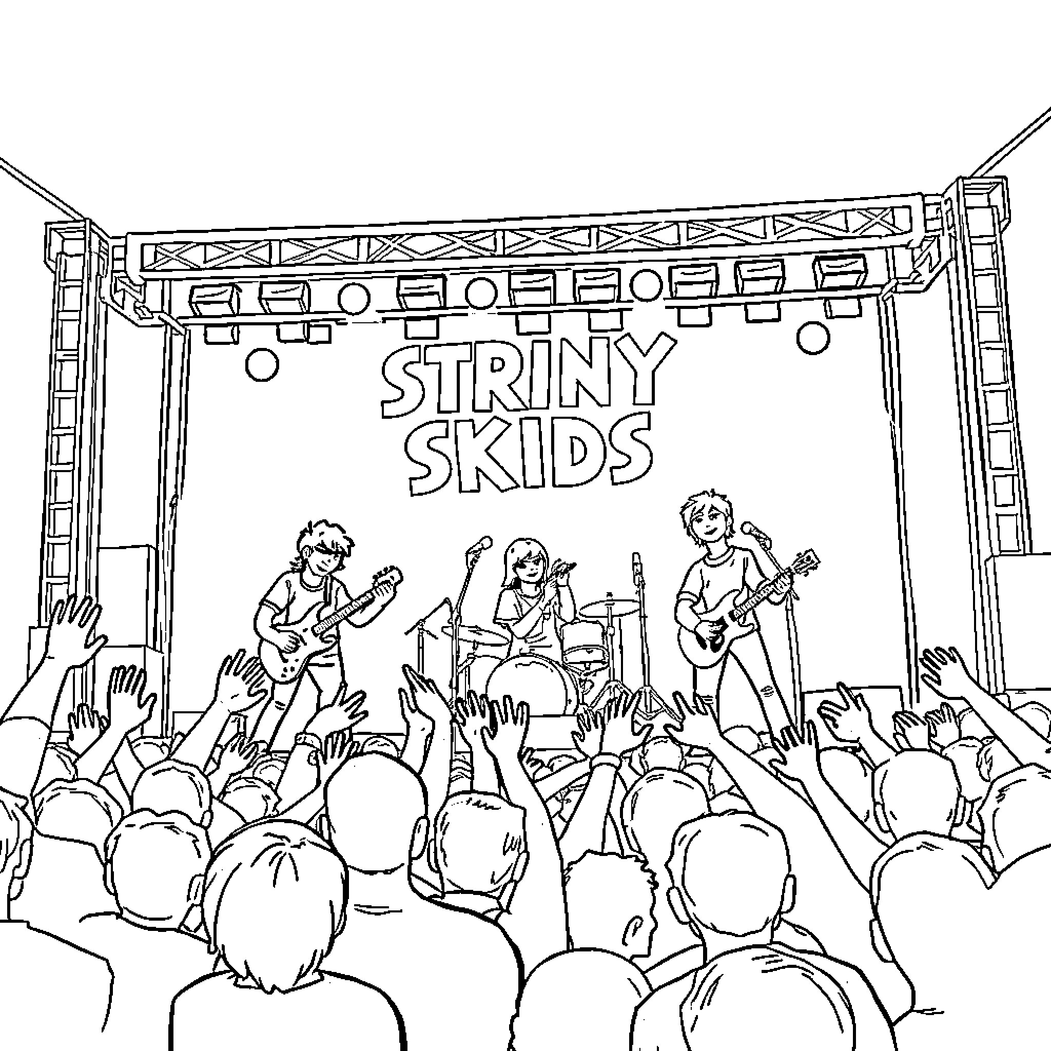 Stray Kids performing on stage before energetic audience Coloring Page (free black-and-white line drawing printable PDF for all, from beginners to advanced learners, including children, teens, adults, and seniors)
