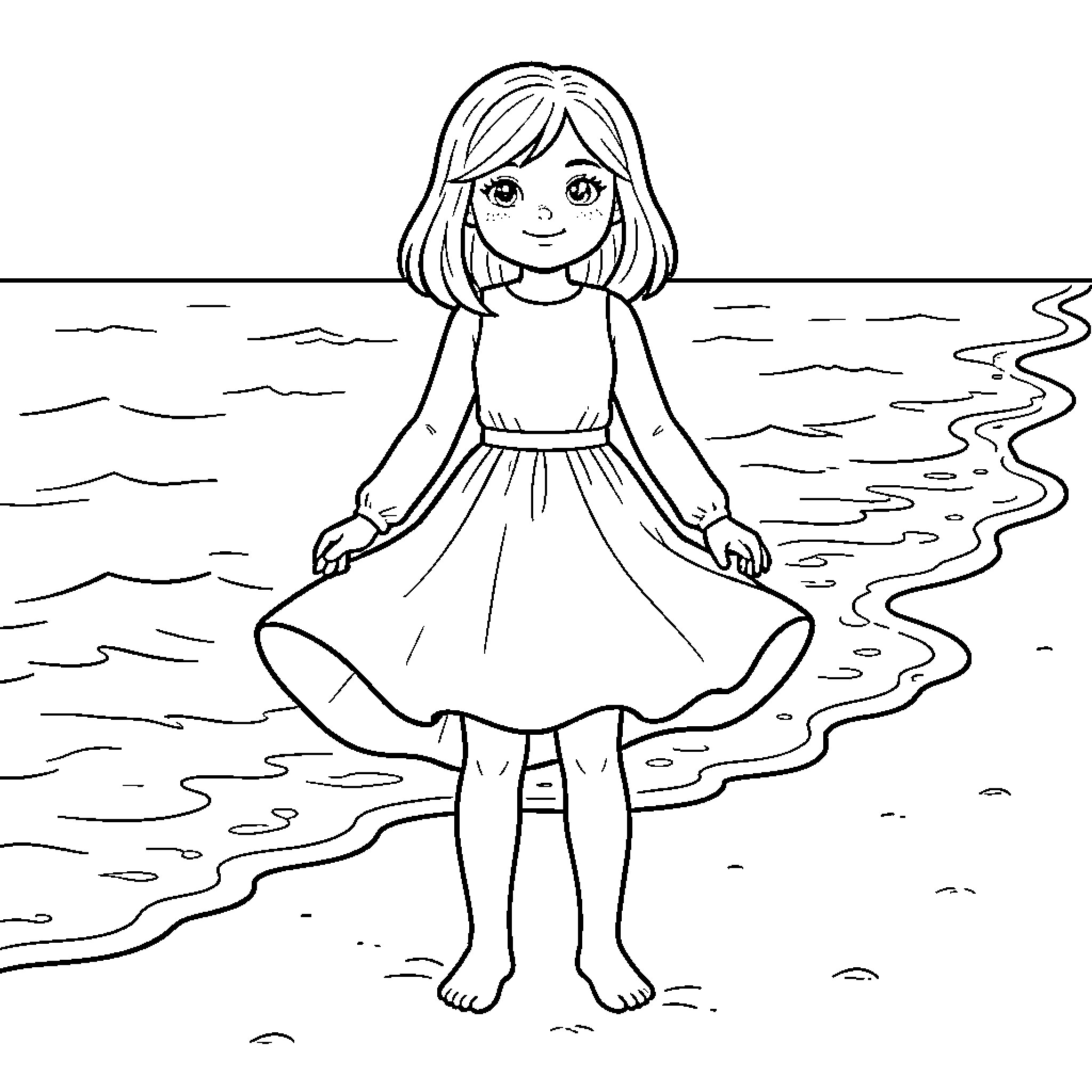Girl playing joyfully in the waves Coloring Page (free black-and-white line drawing printable PDF for all, from beginners to advanced learners, including children, teens, adults, and seniors)