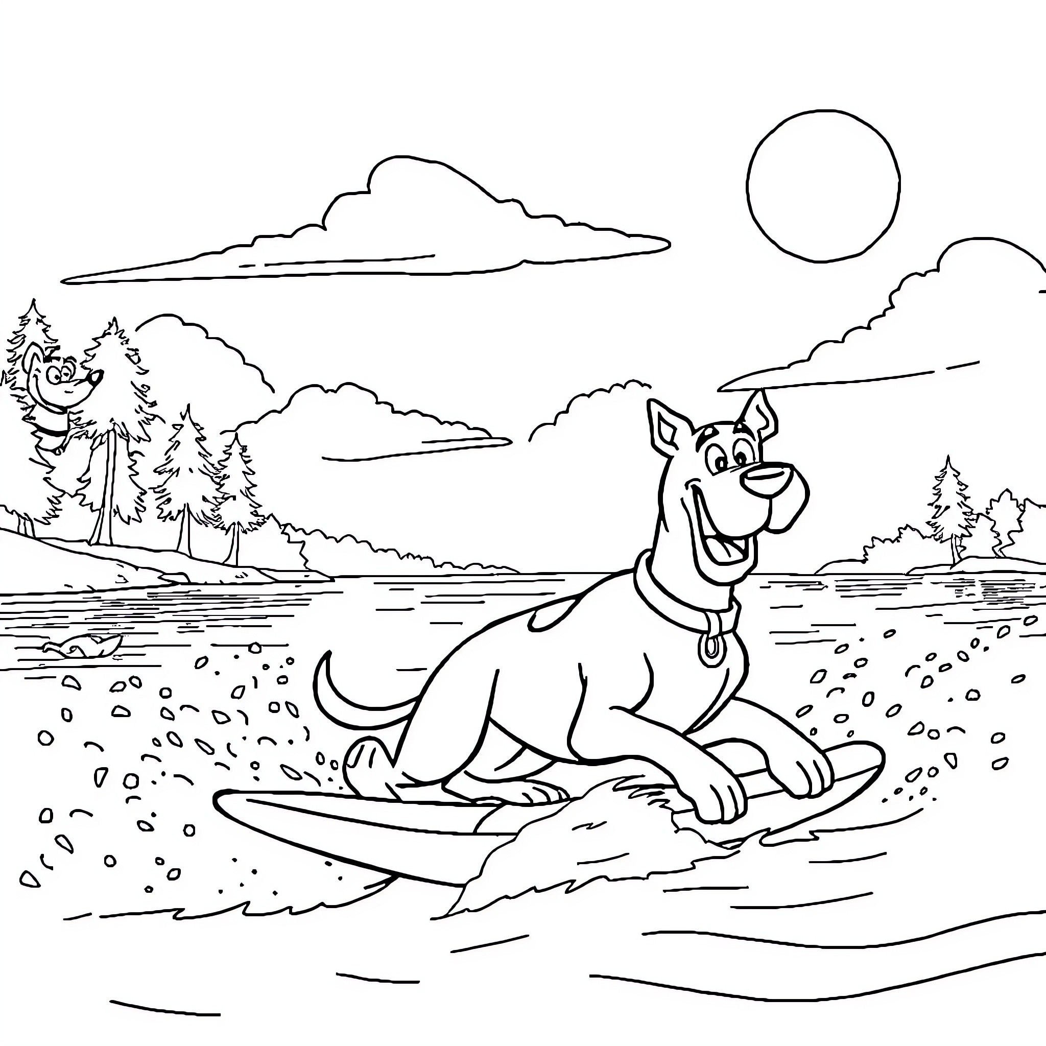 Scooby Doo surfing on the beach Coloring Page (free black-and-white line drawing printable PDF for all, from beginners to advanced learners, including children, teens, adults, and seniors)