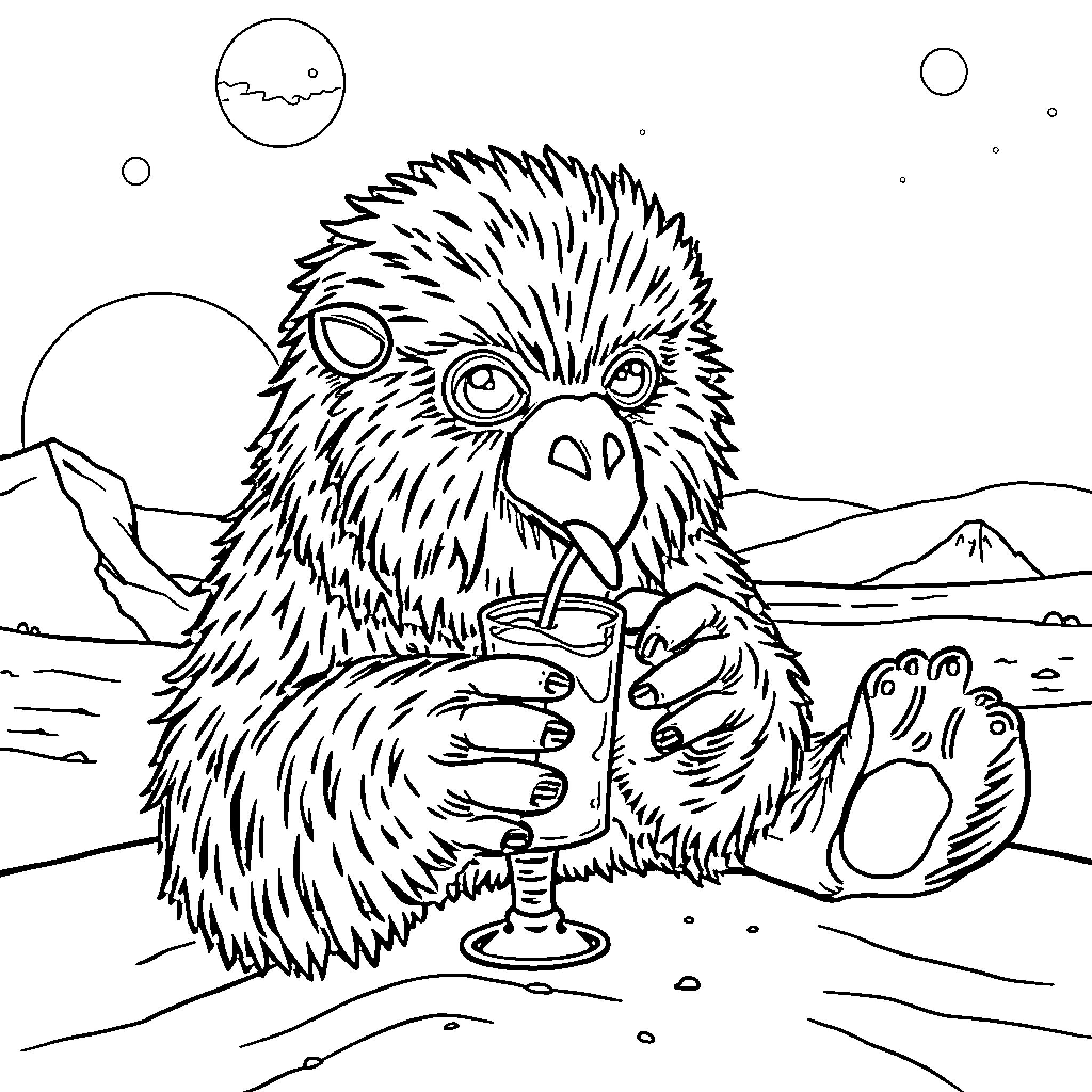 Bantha relaxing with a drink in the desert landscape Coloring Page (free black-and-white line drawing printable PDF for all, from beginners to advanced learners, including children, teens, adults, and seniors)
