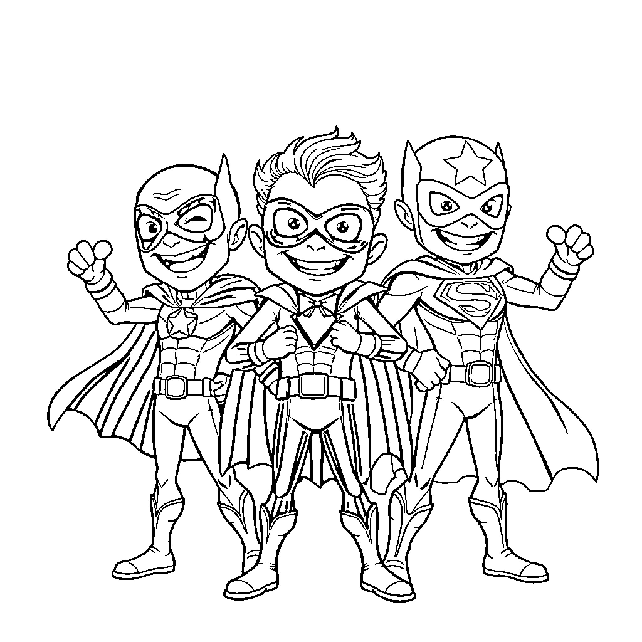 Brainrot Trio of Superhero Sidekicks Coloring Page (free black-and-white line drawing printable PDF for all, from beginners to advanced learners, including children, teens, adults, and seniors)