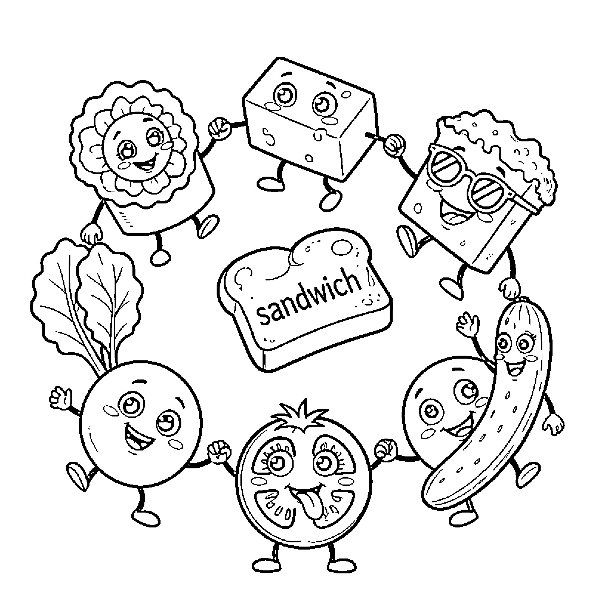 Food characters in playful poses and expressions Coloring Page (free black-and-white line drawing printable PDF for all, from beginners to advanced learners, including children, teens, adults, and seniors)