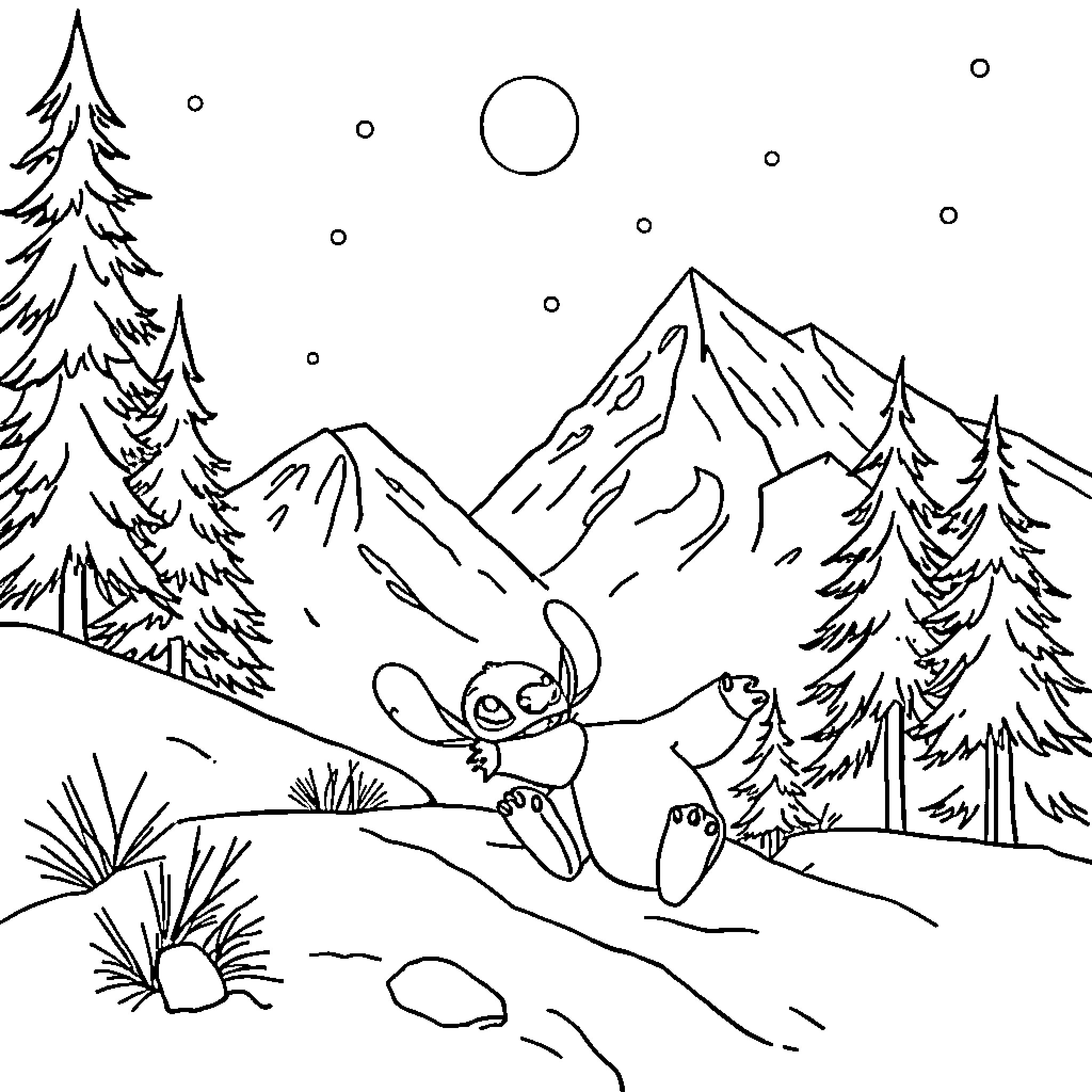 Stitch exploring a snowy mountain landscape Coloring Page (free black-and-white line drawing printable PDF for all, from beginners to advanced learners, including children, teens, adults, and seniors)