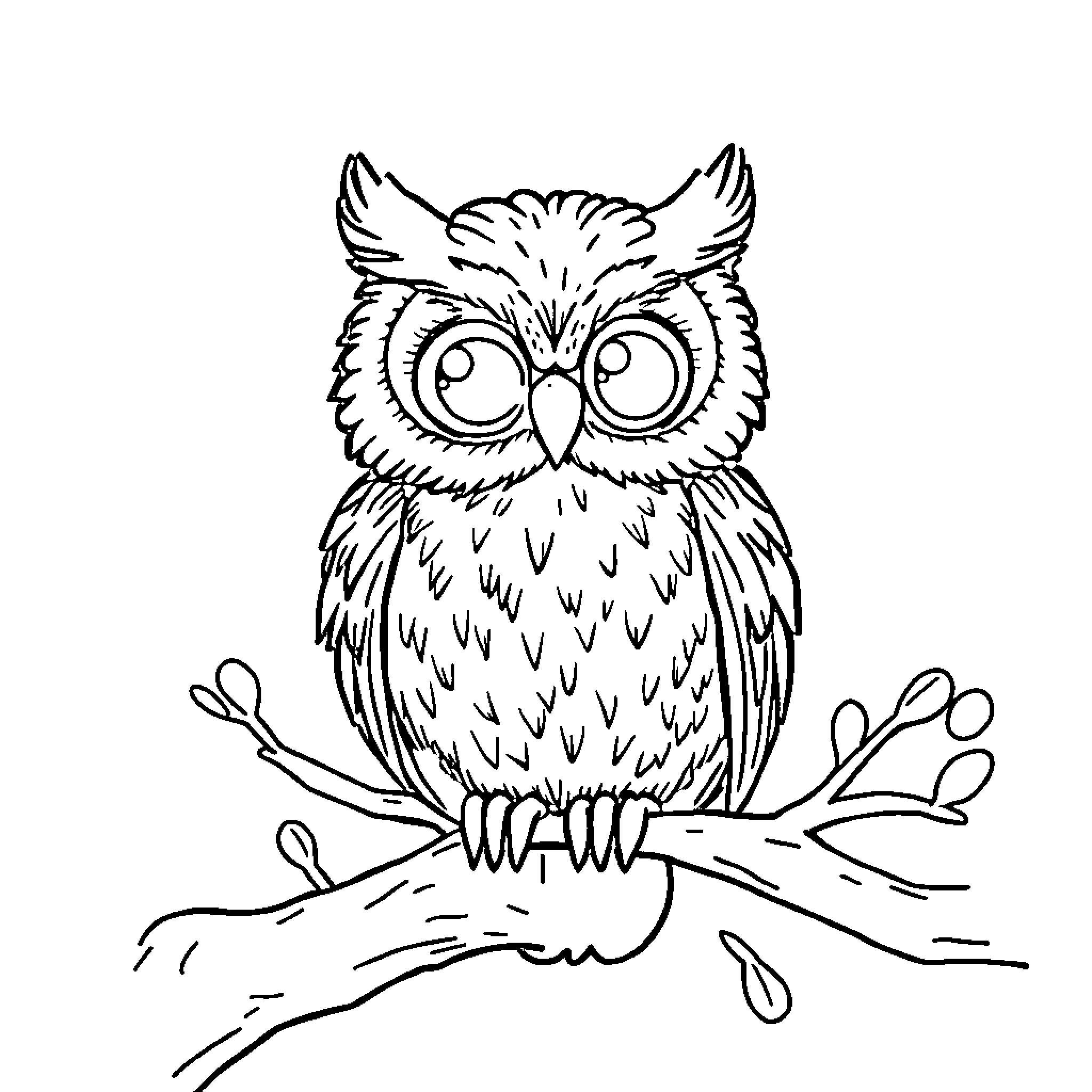 Owl perching curiously on branch Coloring Page (free black-and-white line drawing printable PDF for all, from beginners to advanced learners, including children, teens, adults, and seniors)