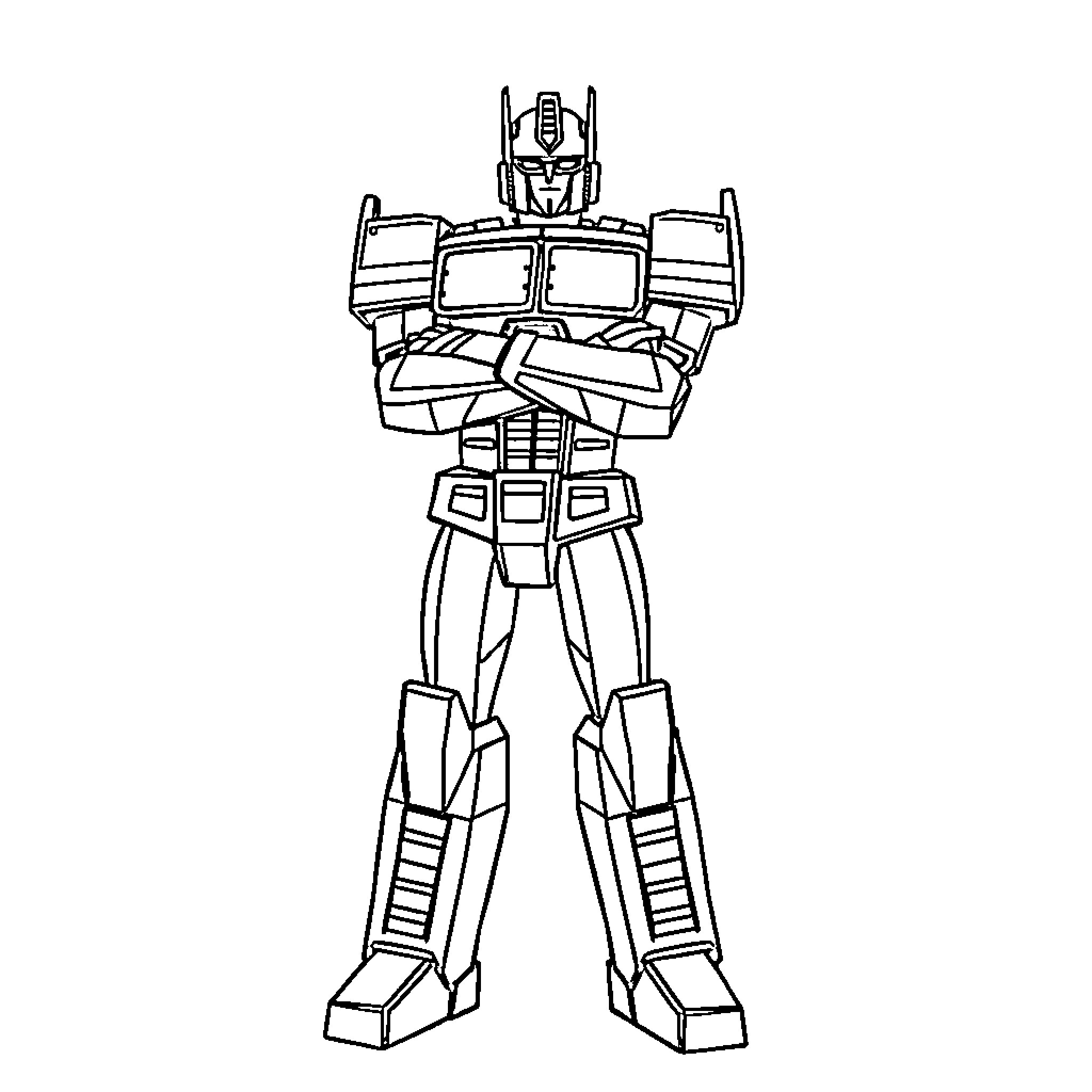 Optimus Prime standing heroically in robot mode Coloring Page (free black-and-white line drawing printable PDF for all, from beginners to advanced learners, including children, teens, adults, and seniors)