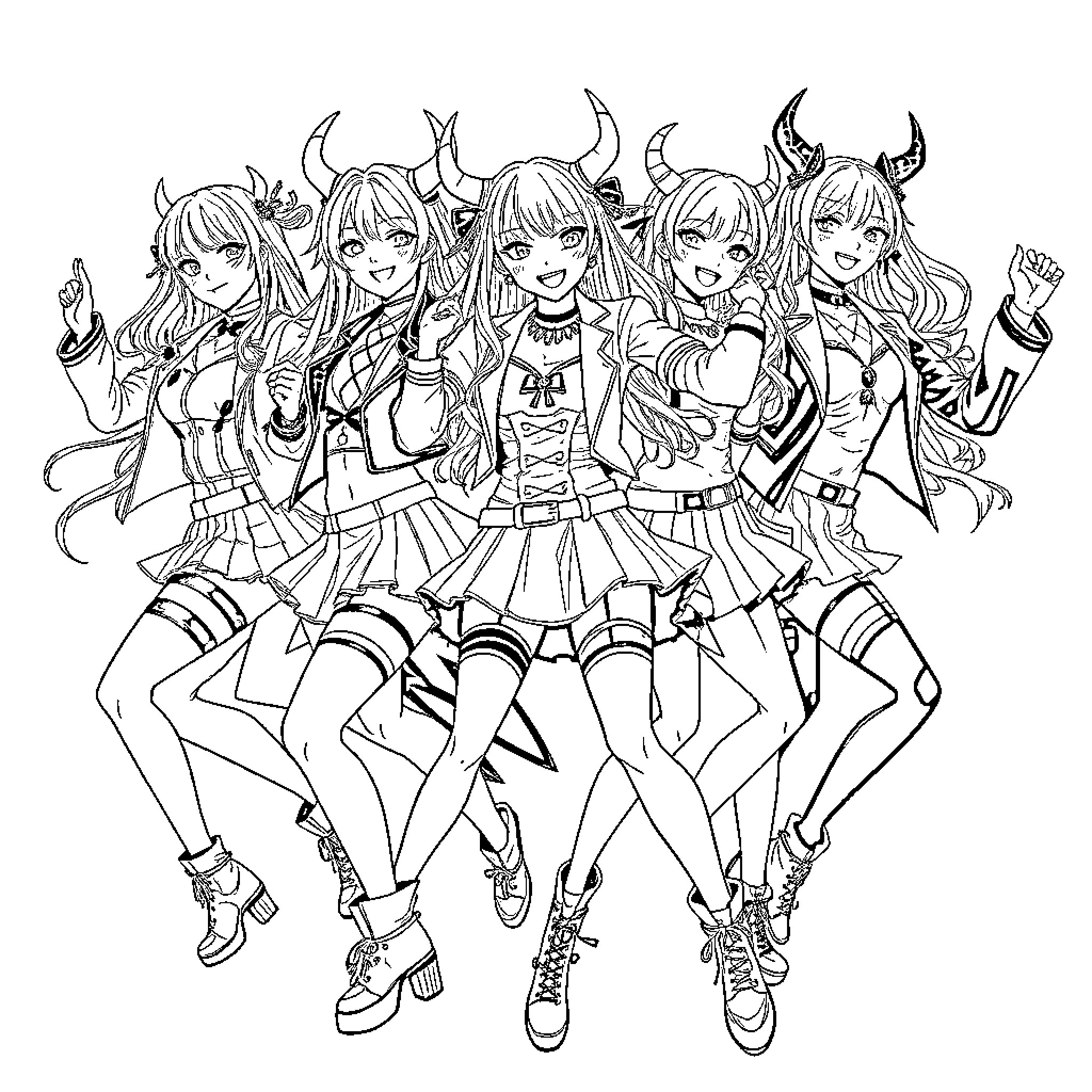Kpop Demon Hunter Anime-Style Girl Band Coloring Page (free black-and-white line drawing printable PDF for all, from beginners to advanced learners, including children, teens, adults, and seniors)