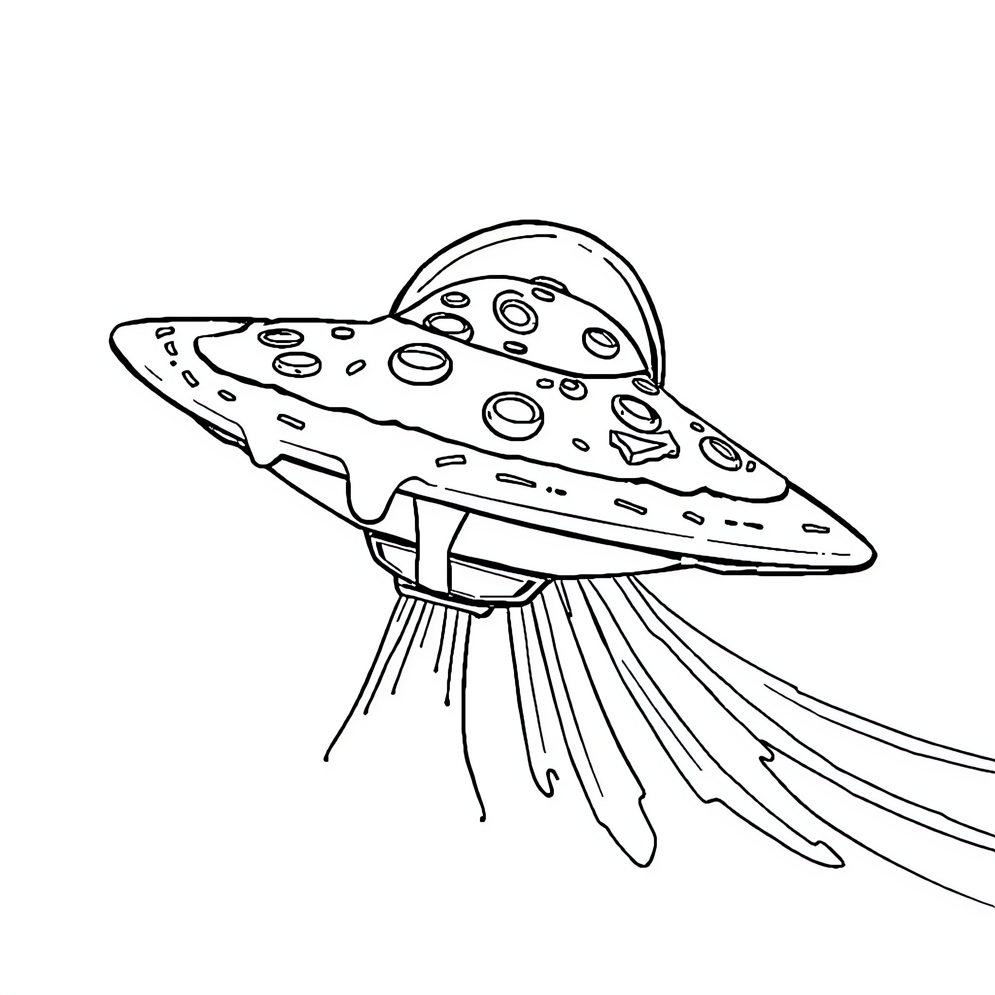 Flying Saucer Departing Earth Coloring Page (free black-and-white line drawing printable PDF for all, from beginners to advanced learners, including children, teens, adults, and seniors)