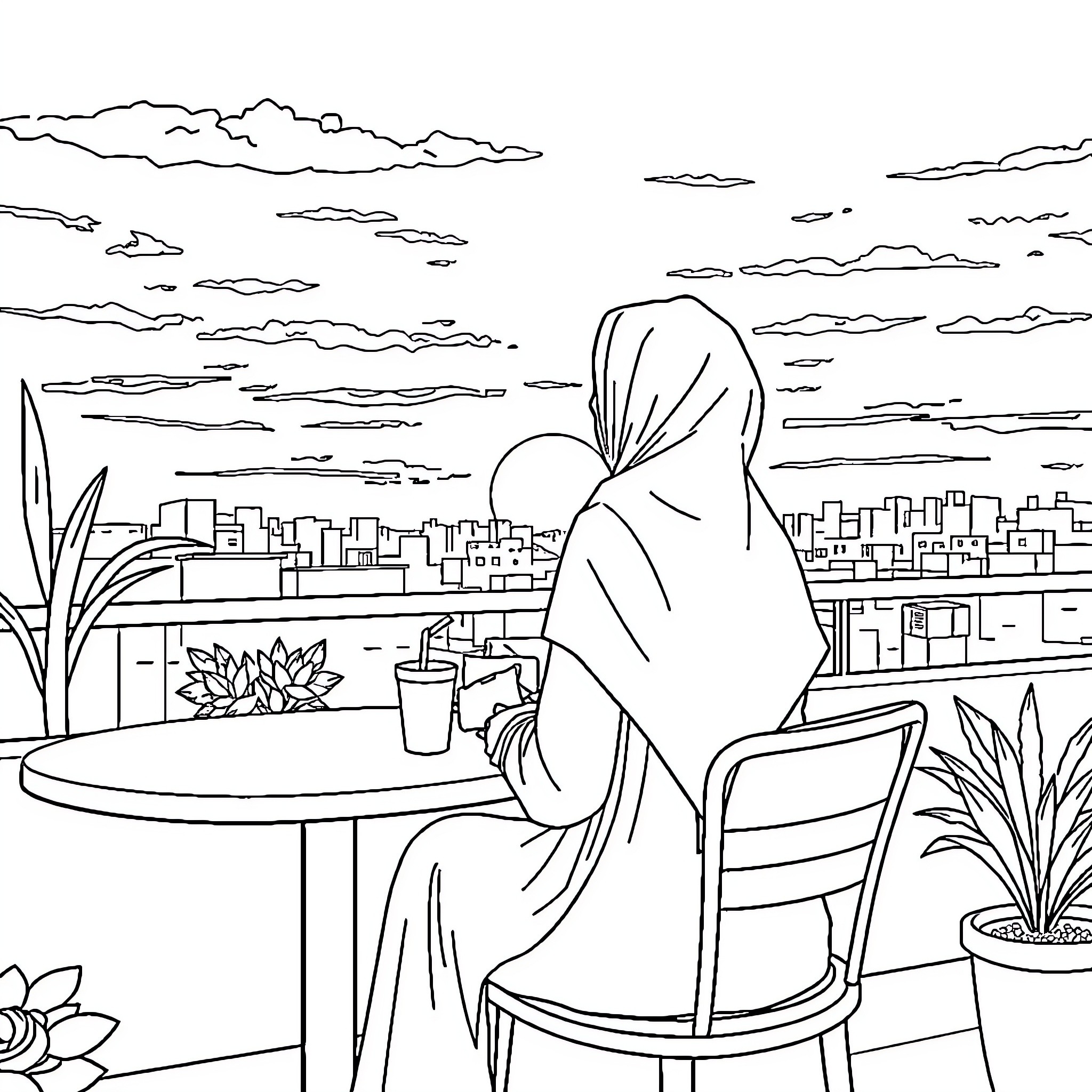 Girl alone on a balcony overlooking the city Coloring Page (free black-and-white line drawing printable PDF for all, from beginners to advanced learners, including children, teens, adults, and seniors)