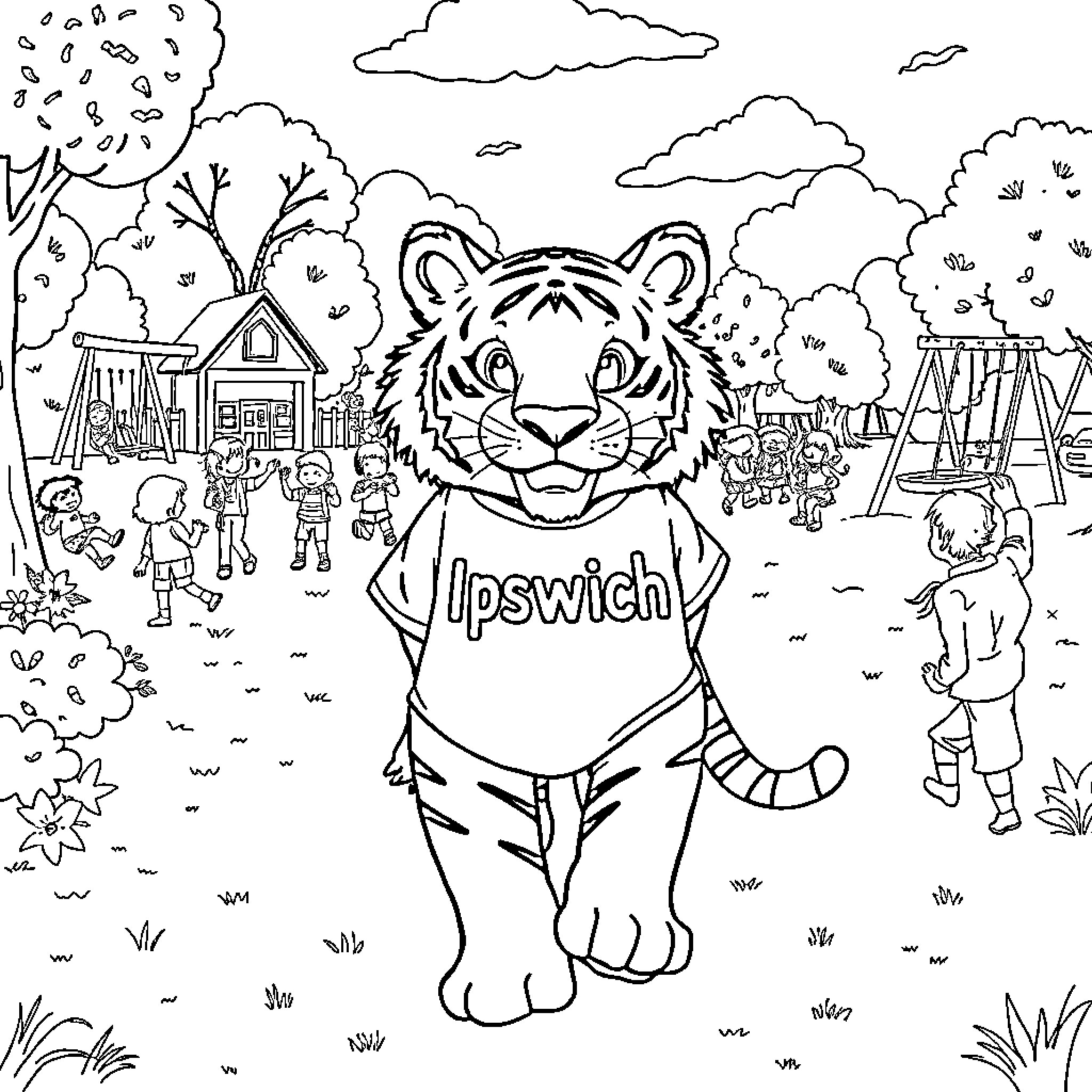 Tiger in Ipswich shirt playing with children in park Coloring Page (free black-and-white line drawing printable PDF for all, from beginners to advanced learners, including children, teens, adults, and seniors)