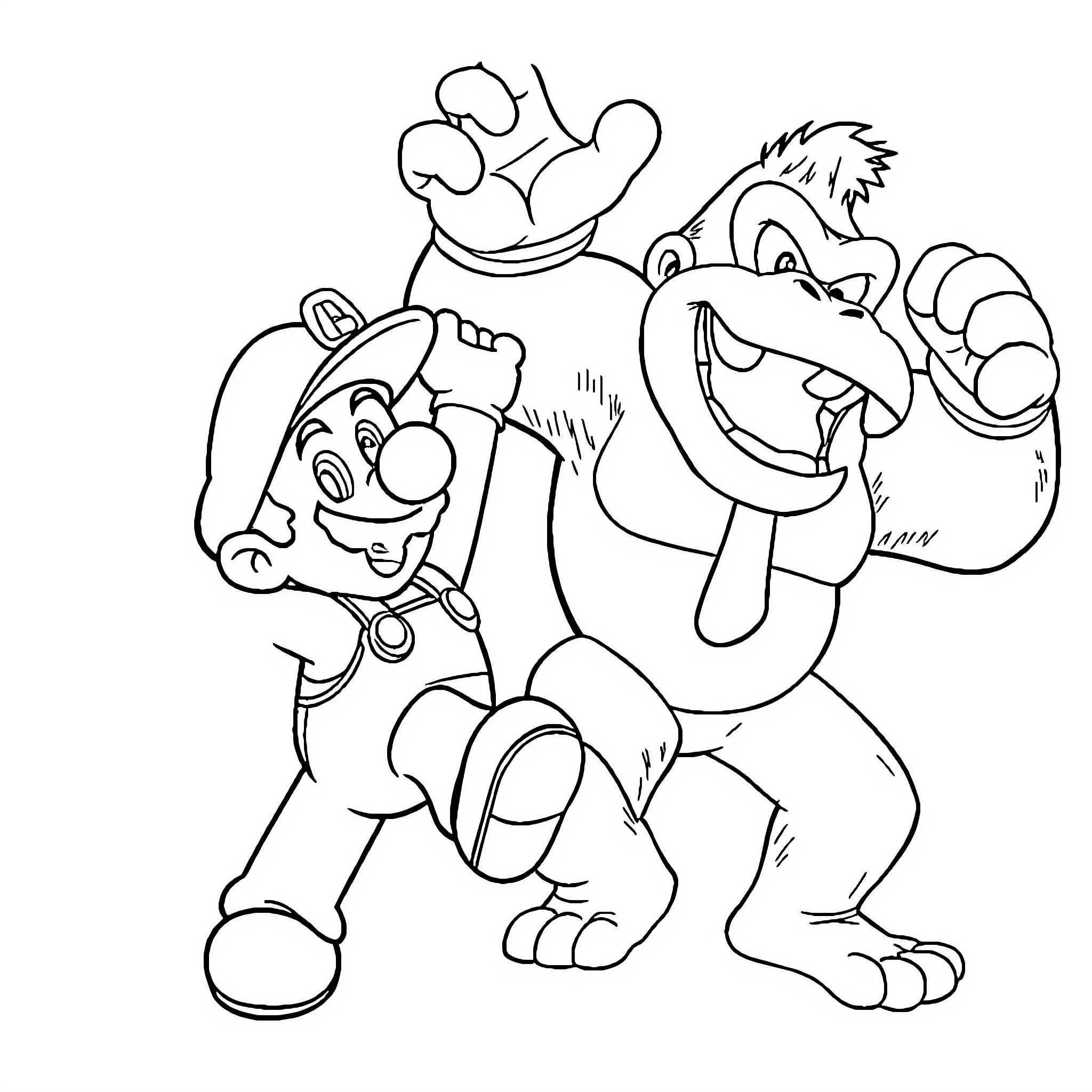 Mario and Donkey Kong Engaged in Playful Antics Coloring Page (free black-and-white line drawing printable PDF for all, from beginners to advanced learners, including children, teens, adults, and seniors)