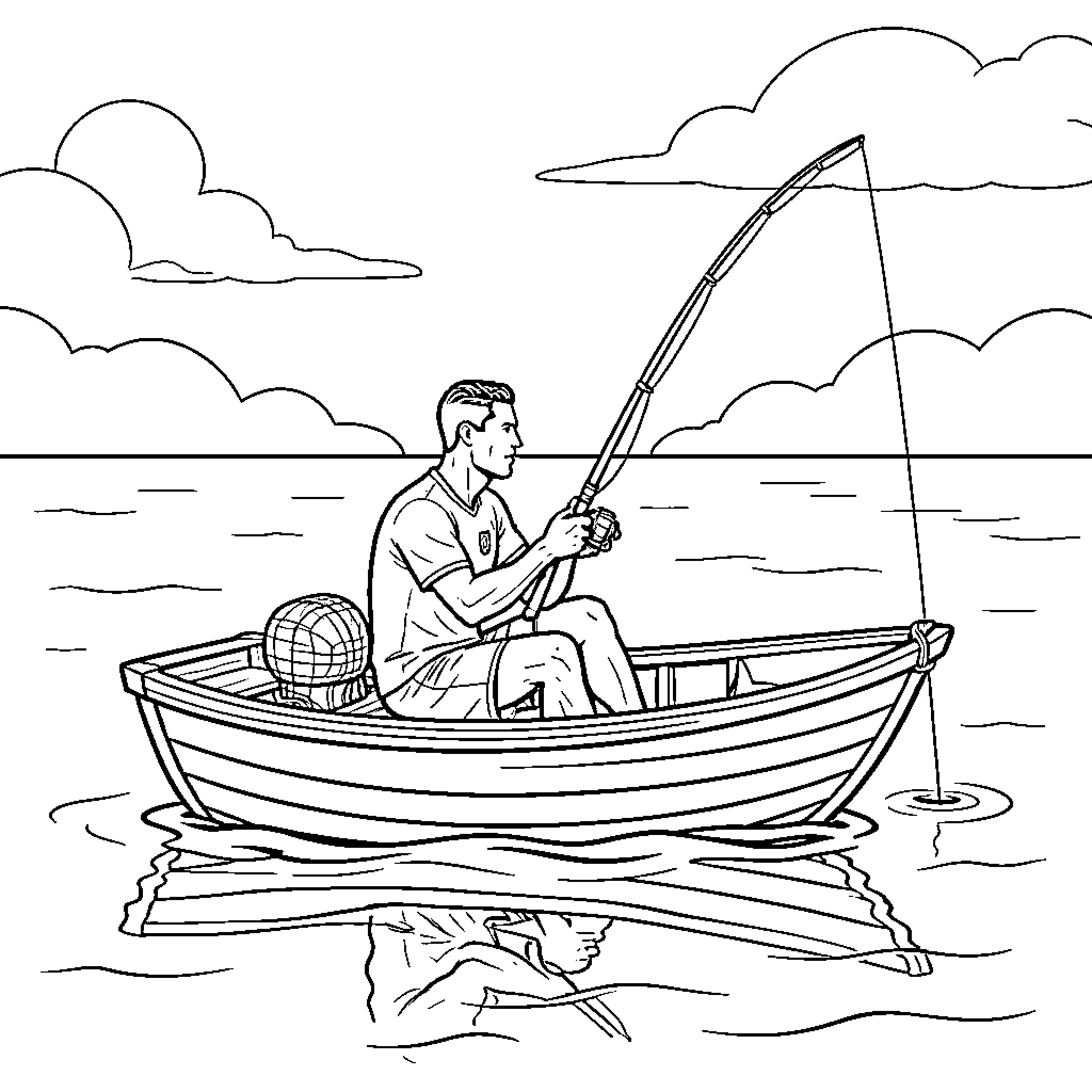 Cristiano Ronaldo fishing from a small boat on the sea Coloring Page (free black-and-white line drawing printable PDF for all, from beginners to advanced learners, including children, teens, adults, and seniors)