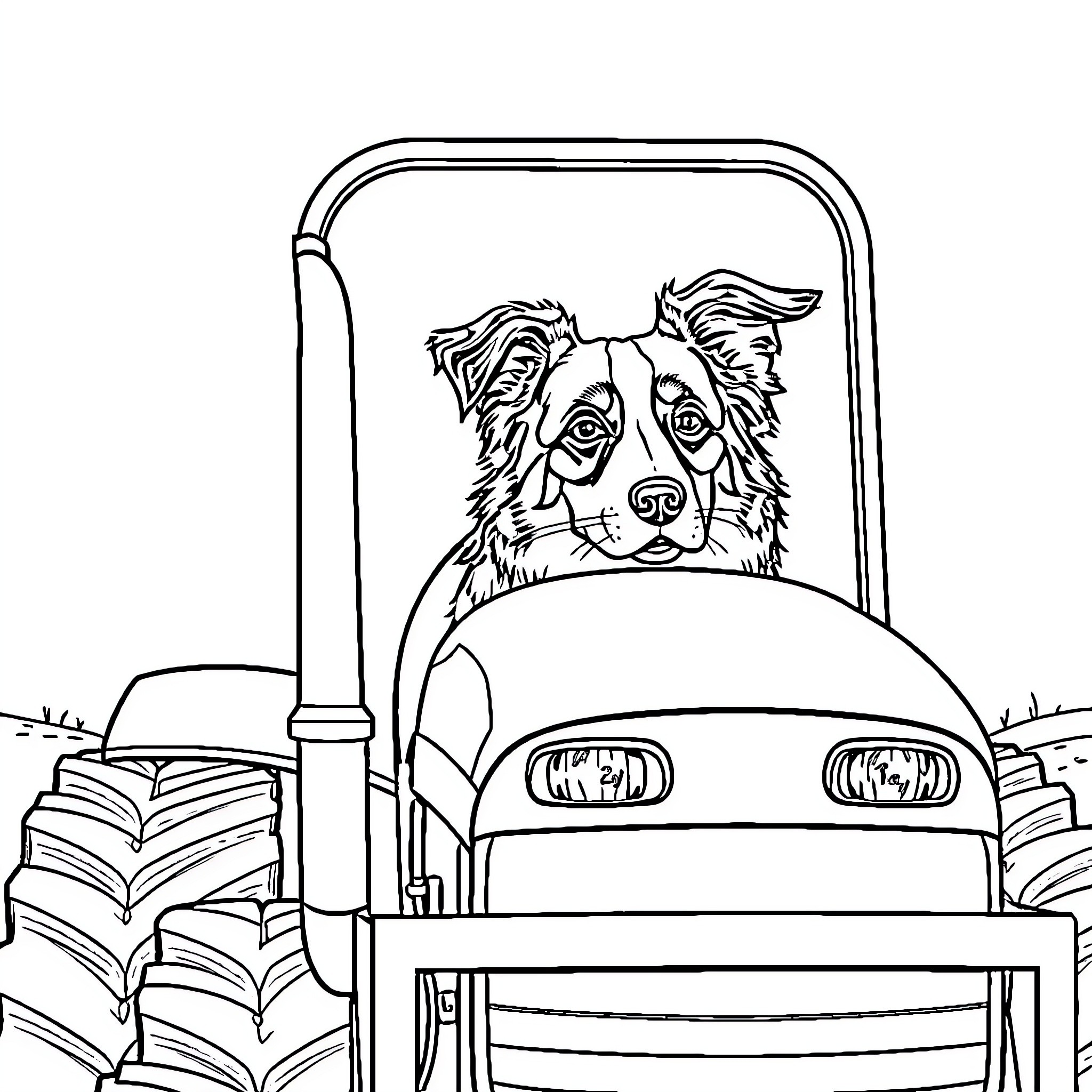 Australian Shepherd riding on farm equipment Coloring Page (free black-and-white line drawing printable PDF for all, from beginners to advanced learners, including children, teens, adults, and seniors)