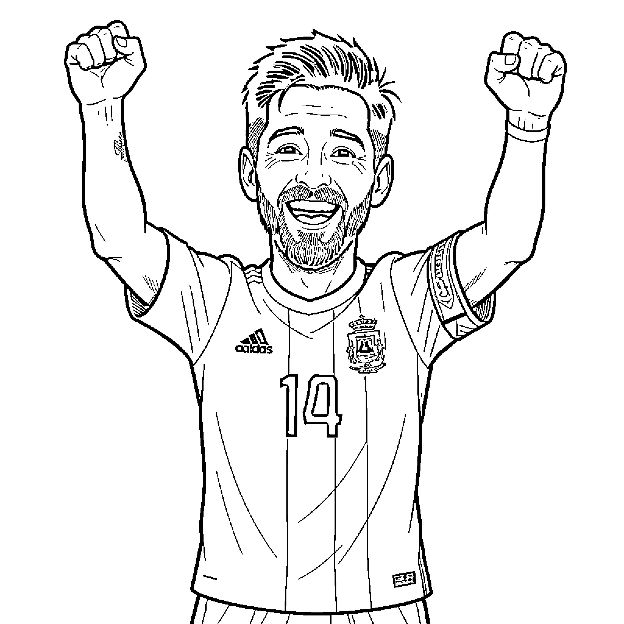 Messi celebrating victory with raised arms Coloring Page (free black-and-white line drawing printable PDF for all, from beginners to advanced learners, including children, teens, adults, and seniors)