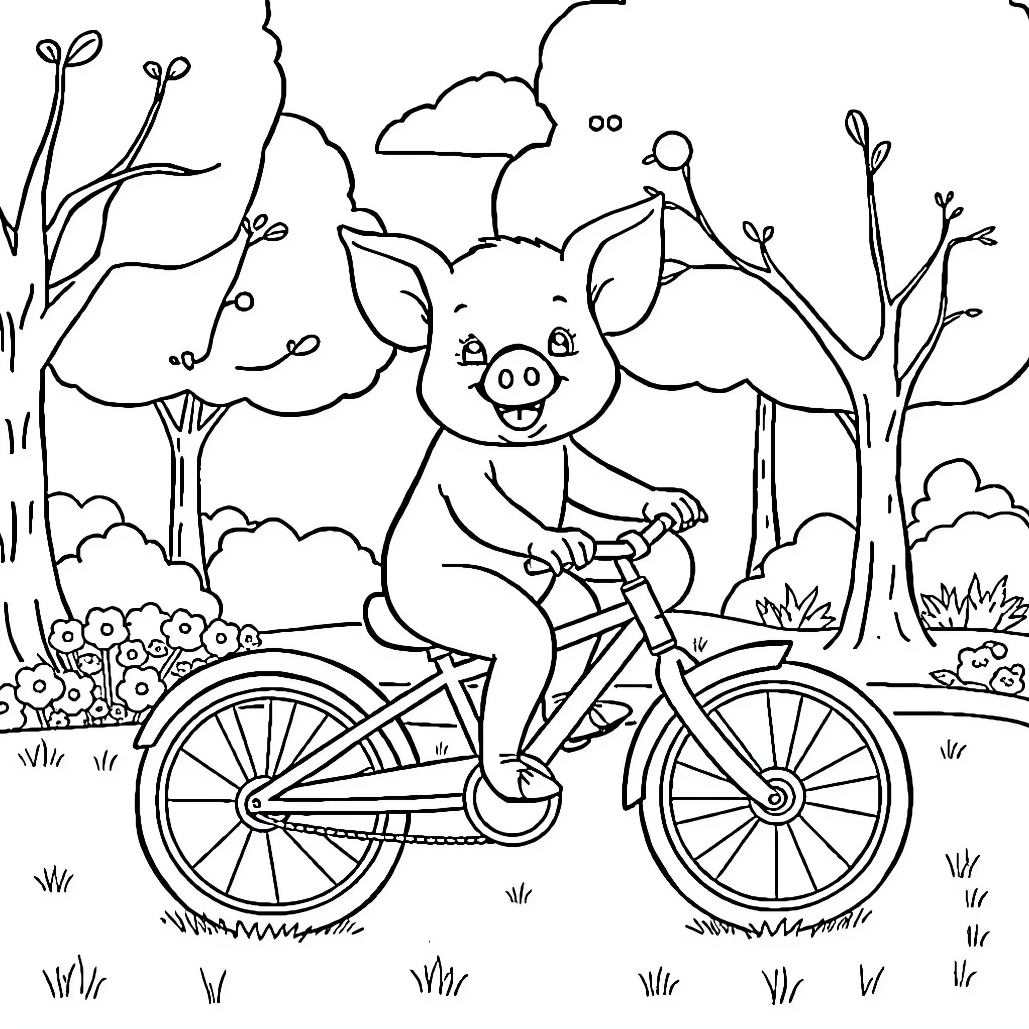 Pig happily riding a bicycle in a scenic park Coloring Page (free black-and-white line drawing printable PDF for all, from beginners to advanced learners, including children, teens, adults, and seniors)