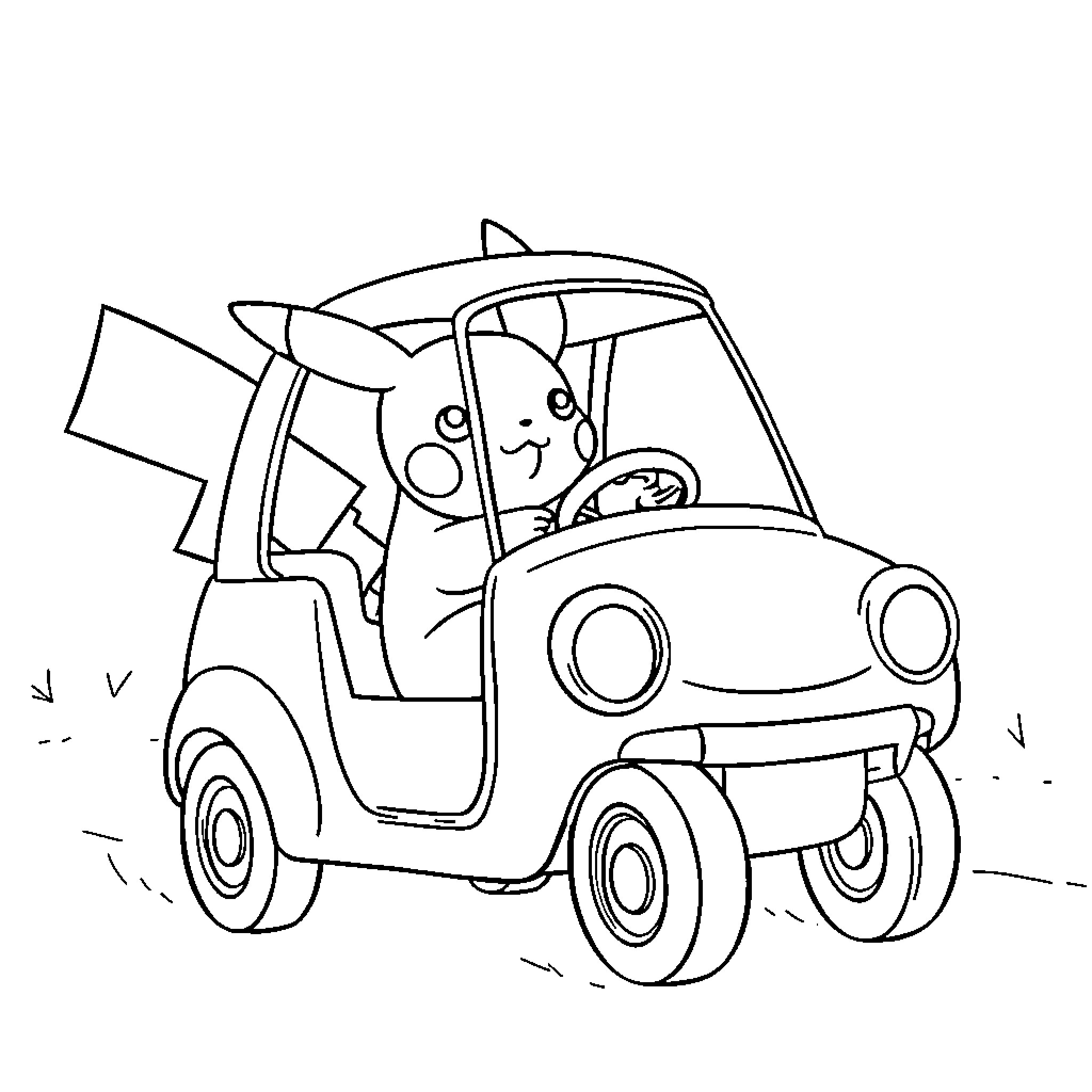 Pikachu driving a fun and quirky car Coloring Page (free black-and-white line drawing printable PDF for all, from beginners to advanced learners, including children, teens, adults, and seniors)