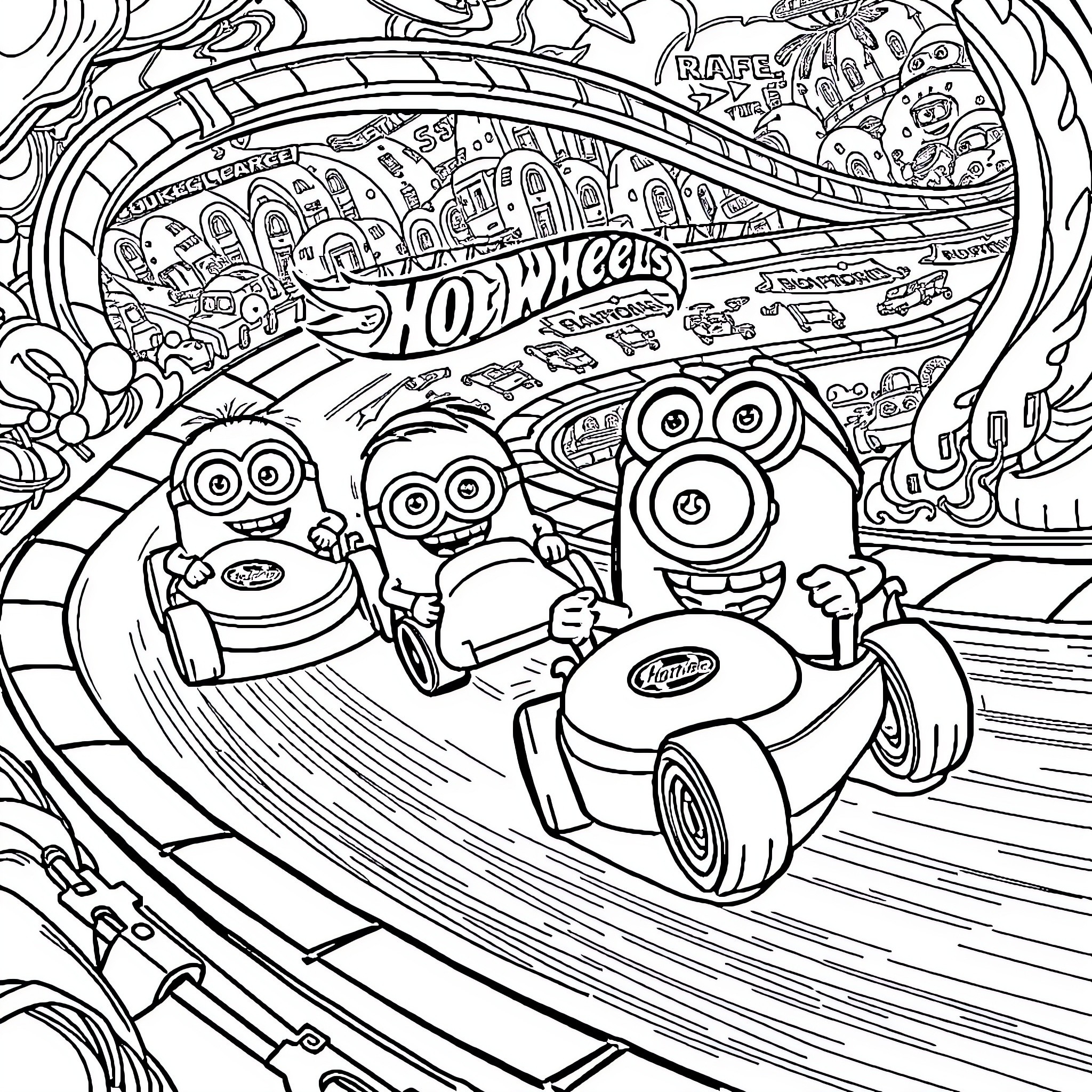 Minions Driving Hot Wheels Cars through Whimsical Landscape Coloring Page (free black-and-white line drawing printable PDF for all, from beginners to advanced learners, including children, teens, adults, and seniors)