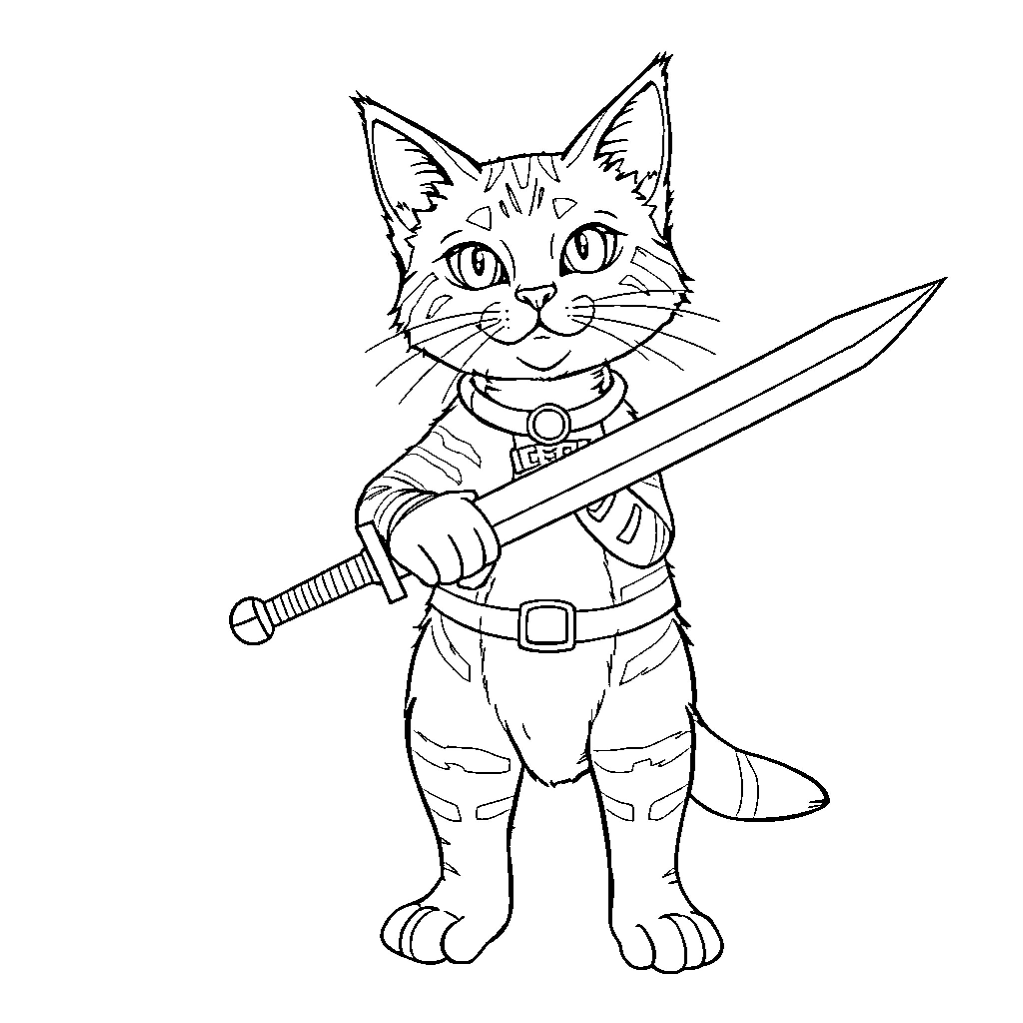 Cat Warrior Wielding Sword in Combat Stance Coloring Page (free black-and-white line drawing printable PDF for all, from beginners to advanced learners, including children, teens, adults, and seniors)