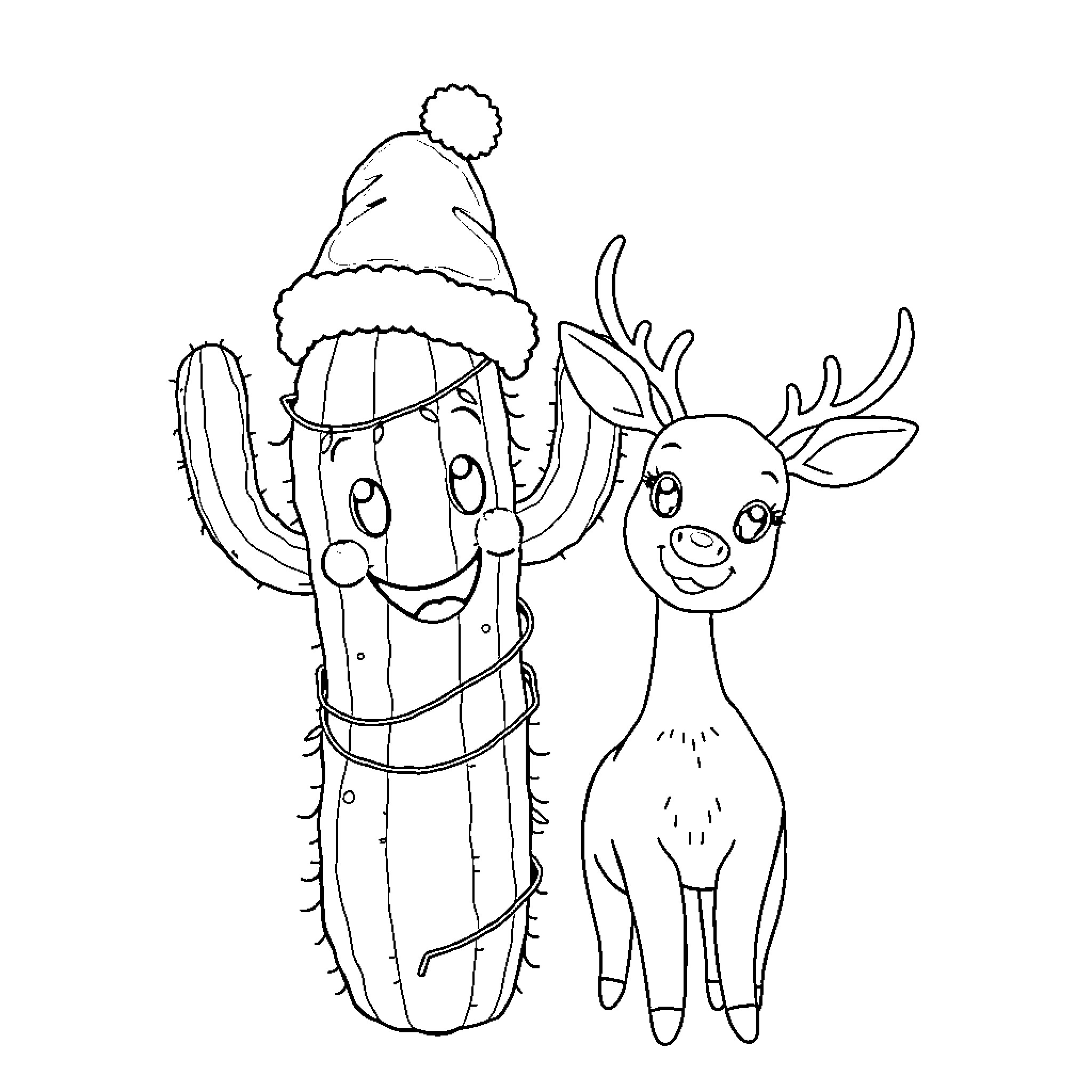 Cactus and Reindeer Wearing Cozy Hats Coloring Page (free black-and-white line drawing printable PDF for all, from beginners to advanced learners, including children, teens, adults, and seniors)