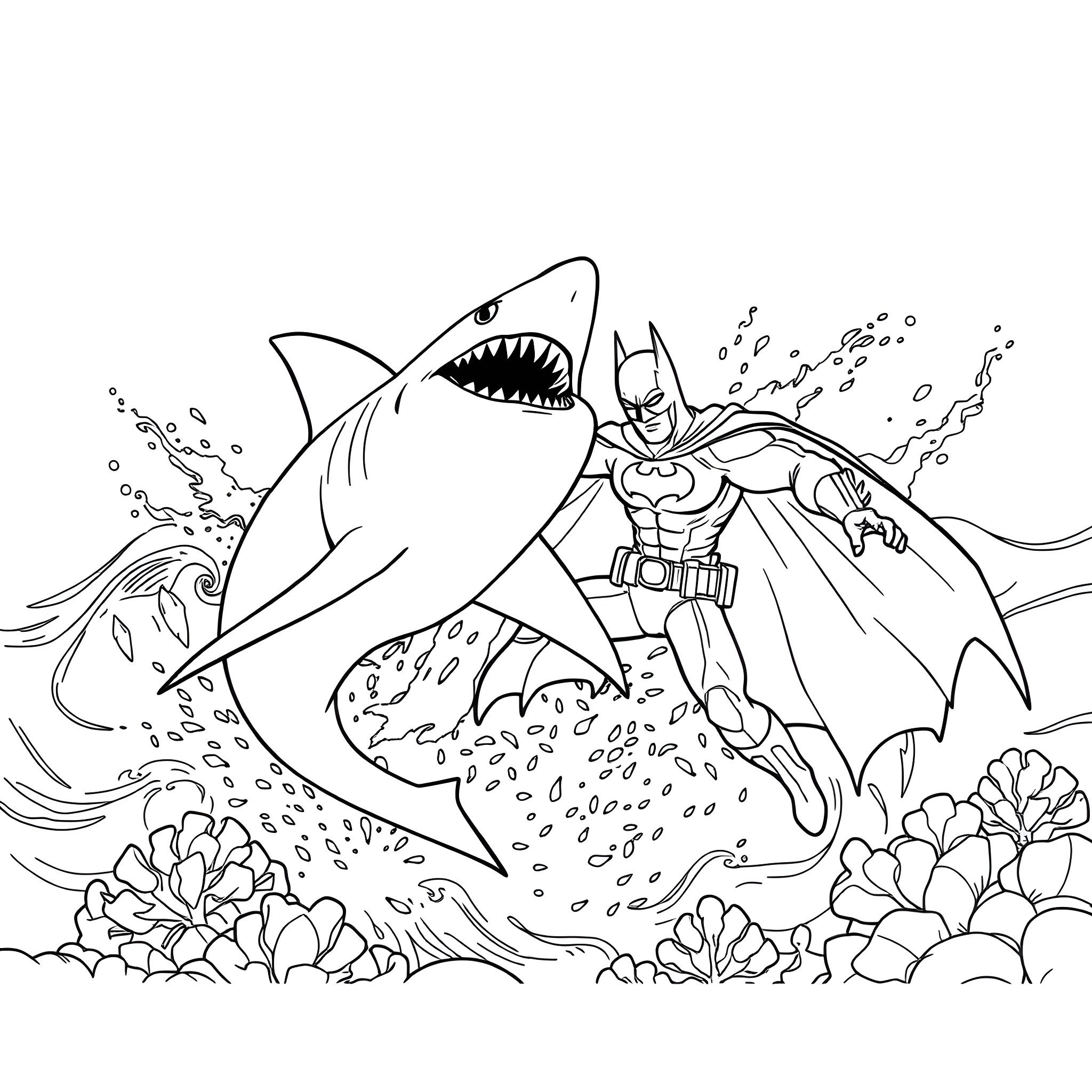 Shark Batman facing off in the ocean Coloring Page (free black-and-white line drawing printable PDF for all, from beginners to advanced learners, including children, teens, adults, and seniors)