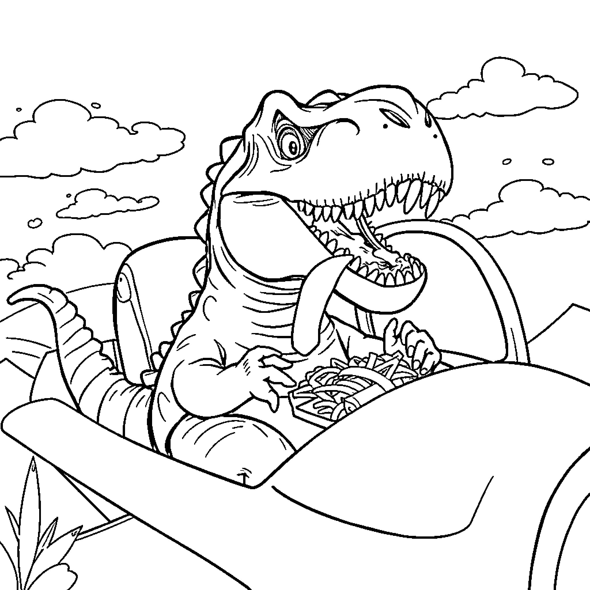 Dinosaur roaring fiercely in a lush landscape Coloring Page (free black-and-white line drawing printable PDF for all, from beginners to advanced learners, including children, teens, adults, and seniors)