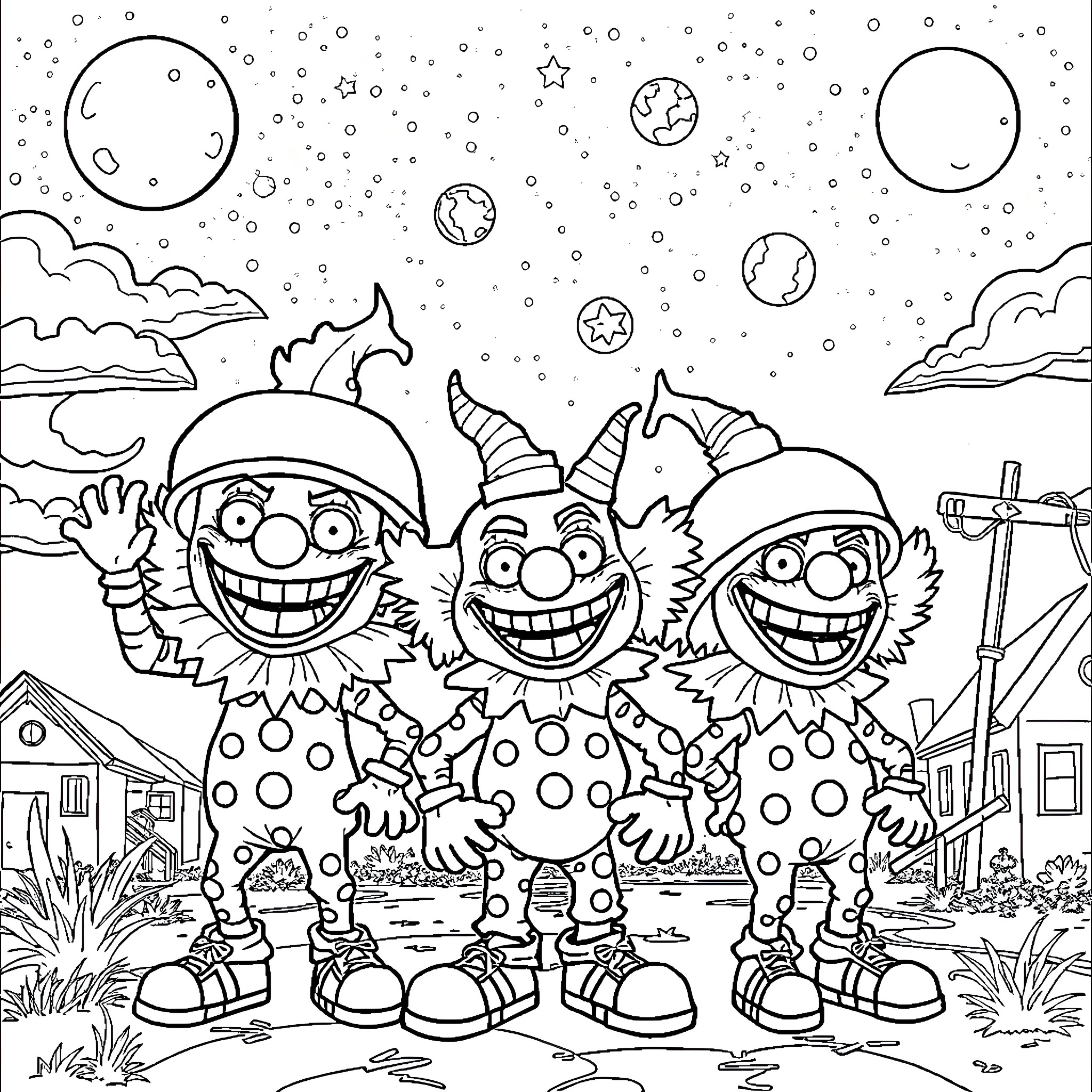 Killer Klown Trio Causing Mischief in the Night Sky Coloring Page (free black-and-white line drawing printable PDF for all, from beginners to advanced learners, including children, teens, adults, and seniors)