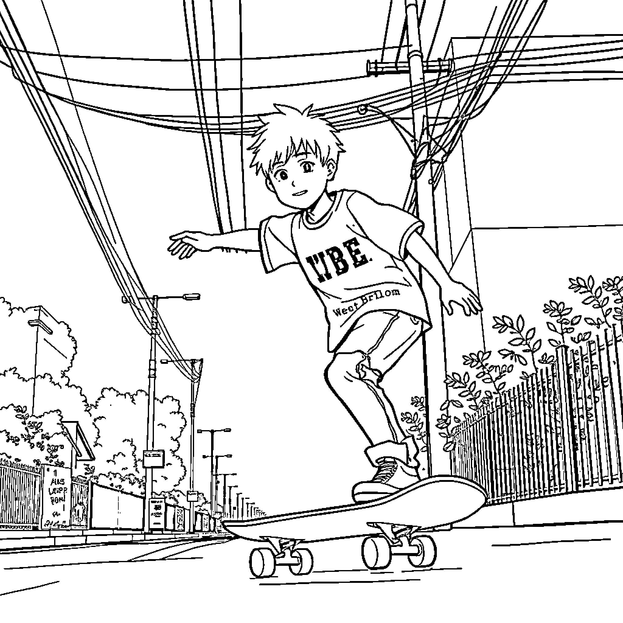 Kid riding skateboard in the city Coloring Page (free black-and-white line drawing printable PDF for all, from beginners to advanced learners, including children, teens, adults, and seniors)