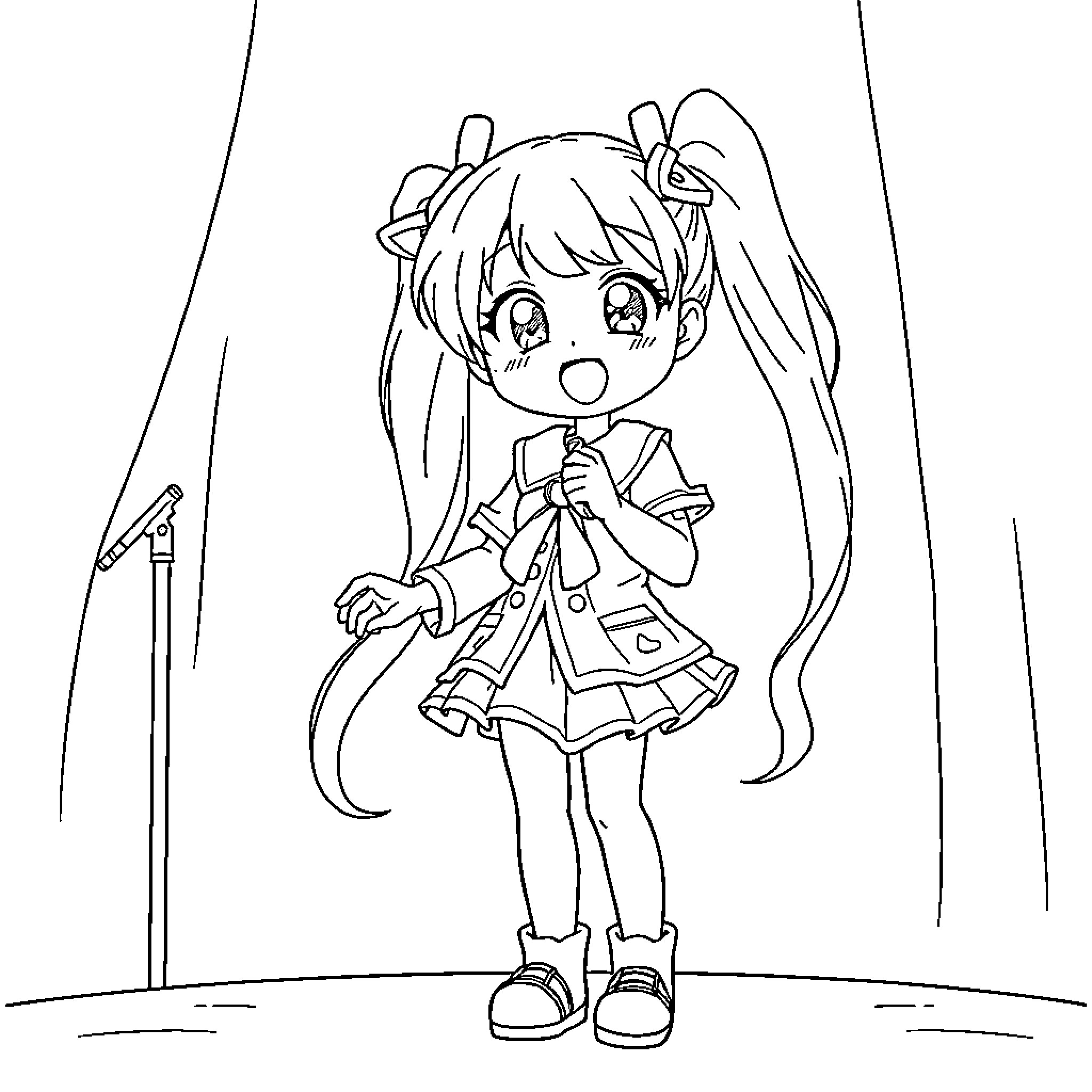 Kagamine Rin standing in a cheerful pose Coloring Page (free black-and-white line drawing printable PDF for all, from beginners to advanced learners, including children, teens, adults, and seniors)