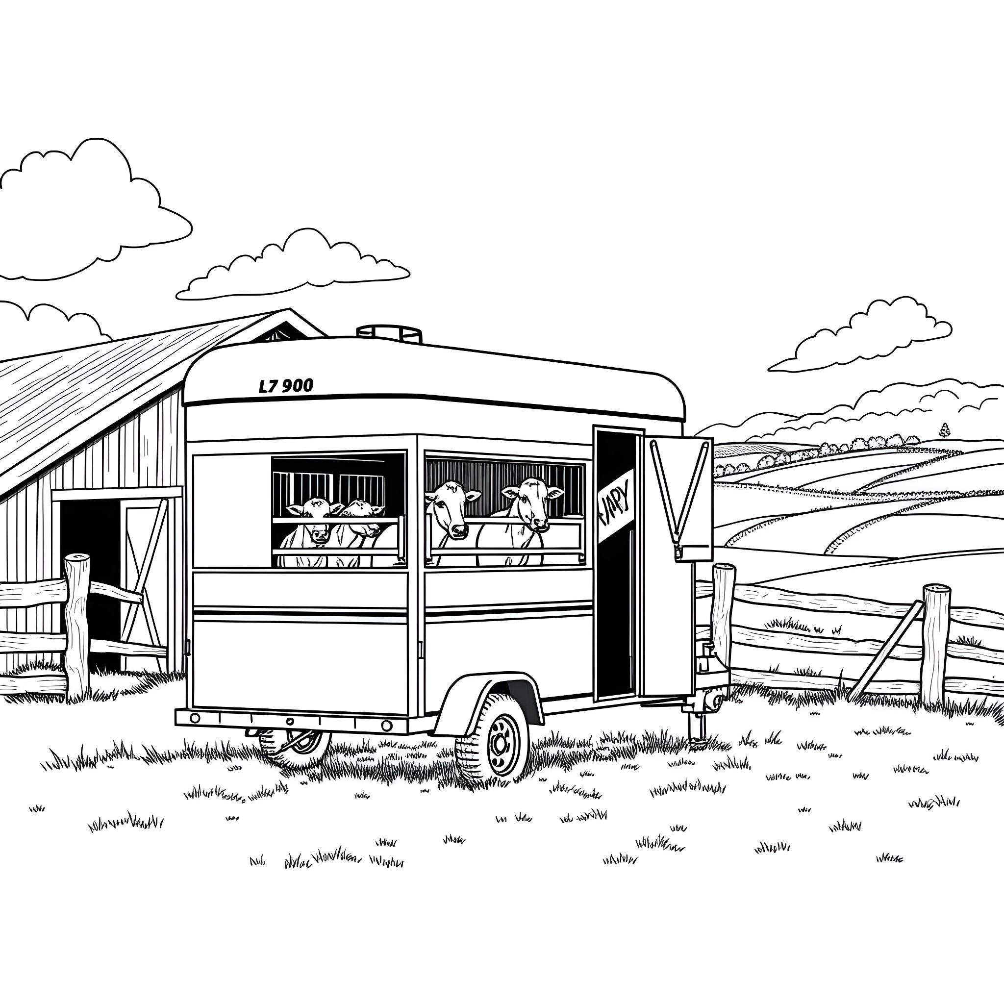 Livestock transport van in rural countryside landscape Coloring Page (free black-and-white line drawing printable PDF for all, from beginners to advanced learners, including children, teens, adults, and seniors)