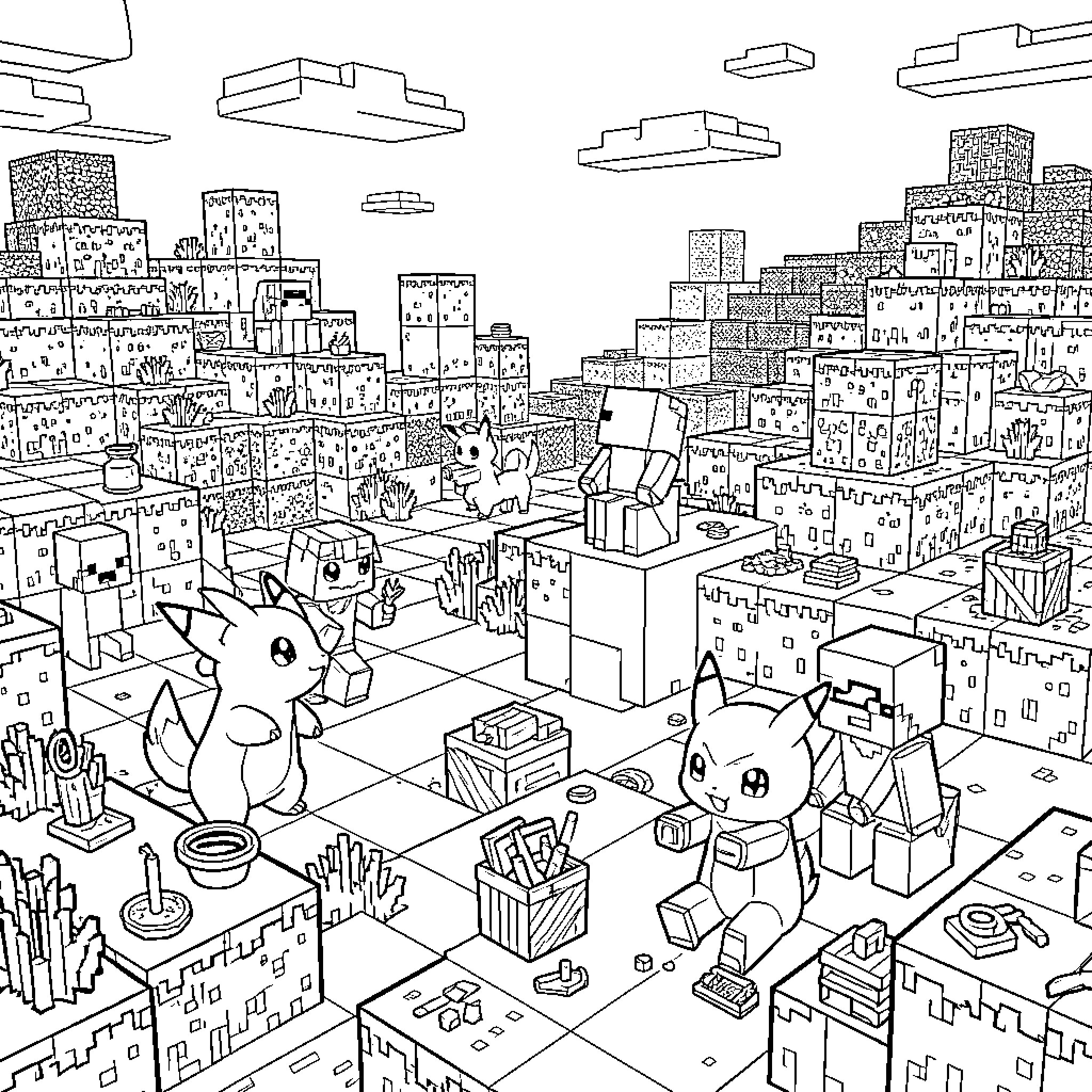 Pokémon characters playing in a blocky landscape Coloring Page (free black-and-white line drawing printable PDF for all, from beginners to advanced learners, including children, teens, adults, and seniors)