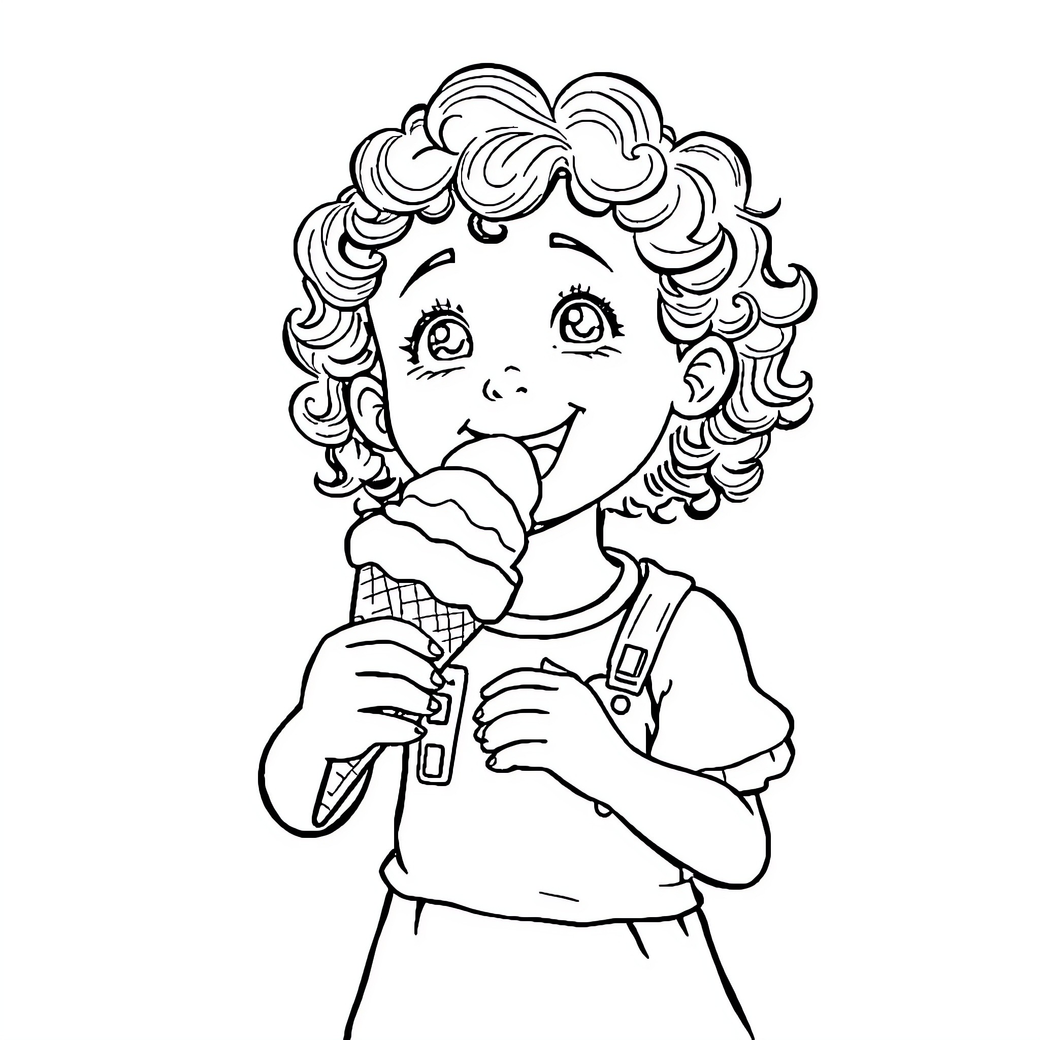 Girl enjoying an ice cream cone with curly hair Coloring Page (free black-and-white line drawing printable PDF for all, from beginners to advanced learners, including children, teens, adults, and seniors)