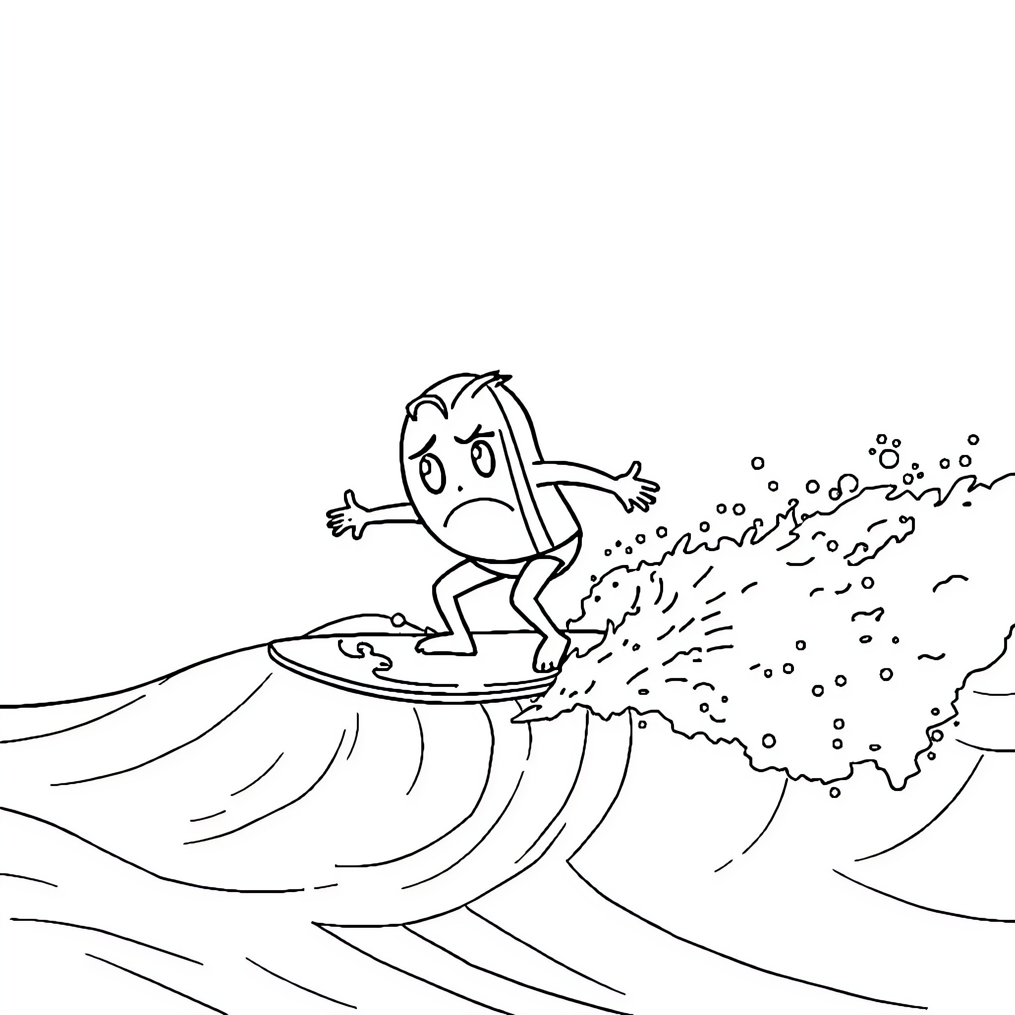 McDonald's character surfing on big waves Coloring Page (free black-and-white line drawing printable PDF for all, from beginners to advanced learners, including children, teens, adults, and seniors)