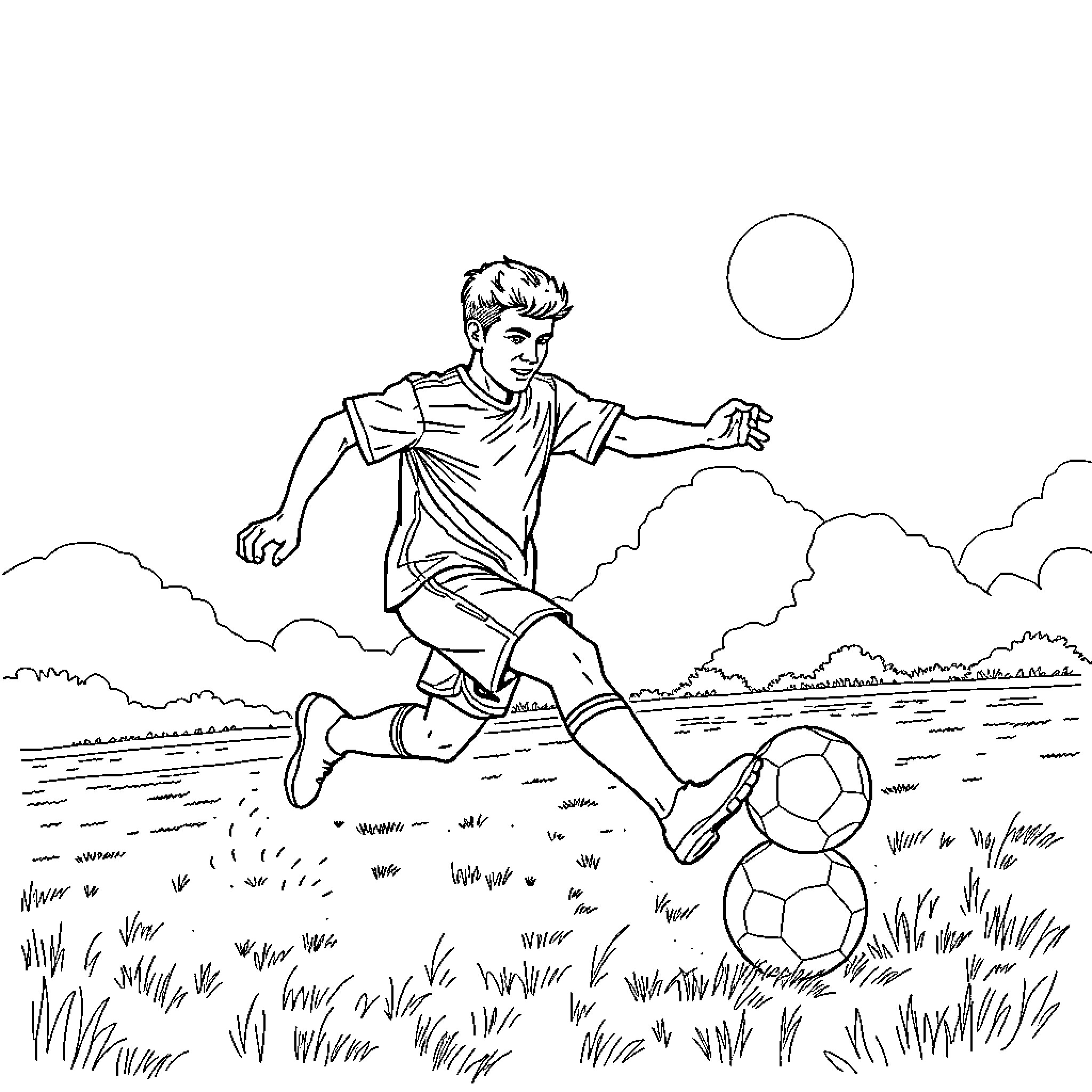 Babar Azam playing soccer in an outdoor field Coloring Page (free black-and-white line drawing printable PDF for all, from beginners to advanced learners, including children, teens, adults, and seniors)