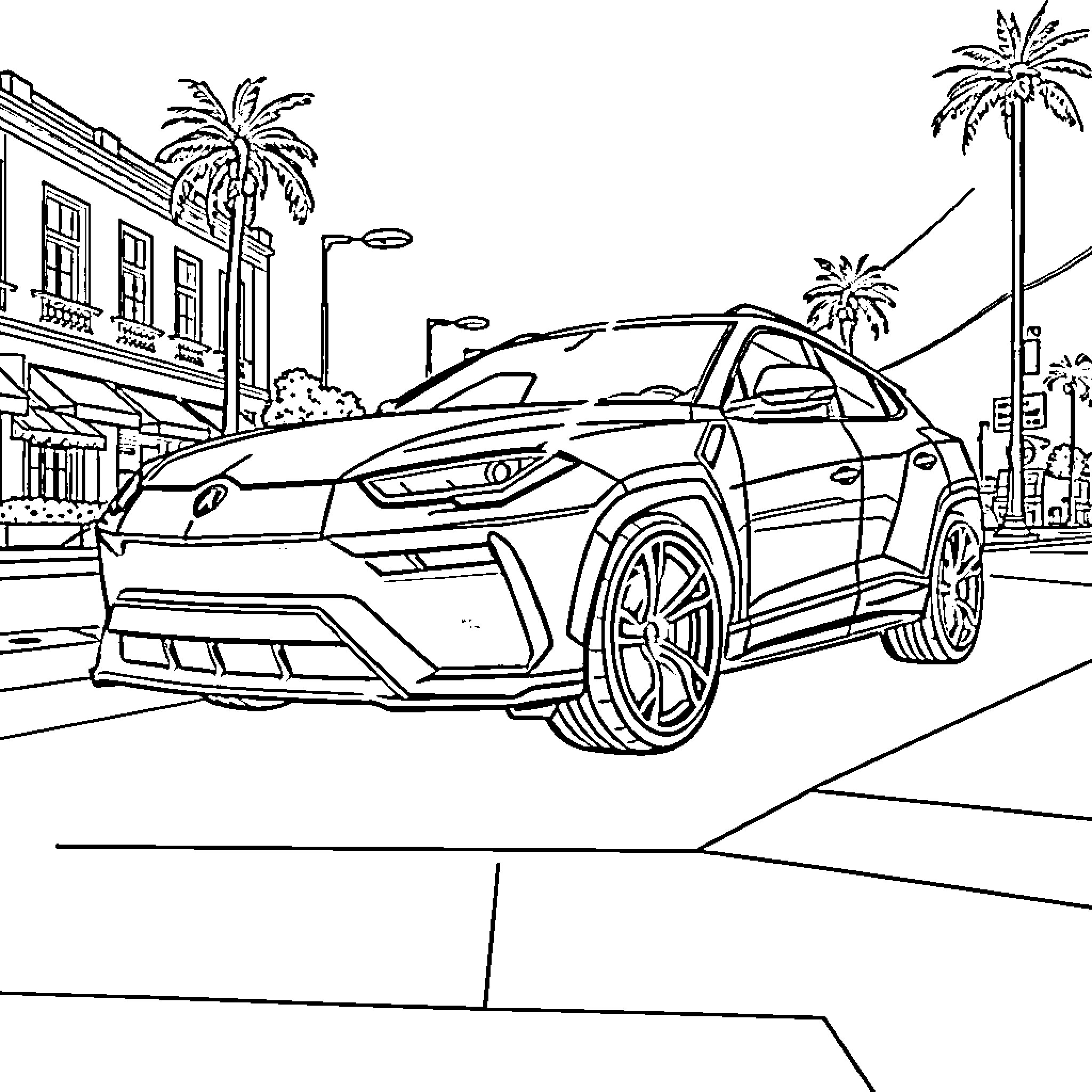 Lamborghini SUV on City Street with Palm Trees Coloring Page (free black-and-white line drawing printable PDF for all, from beginners to advanced learners, including children, teens, adults, and seniors)
