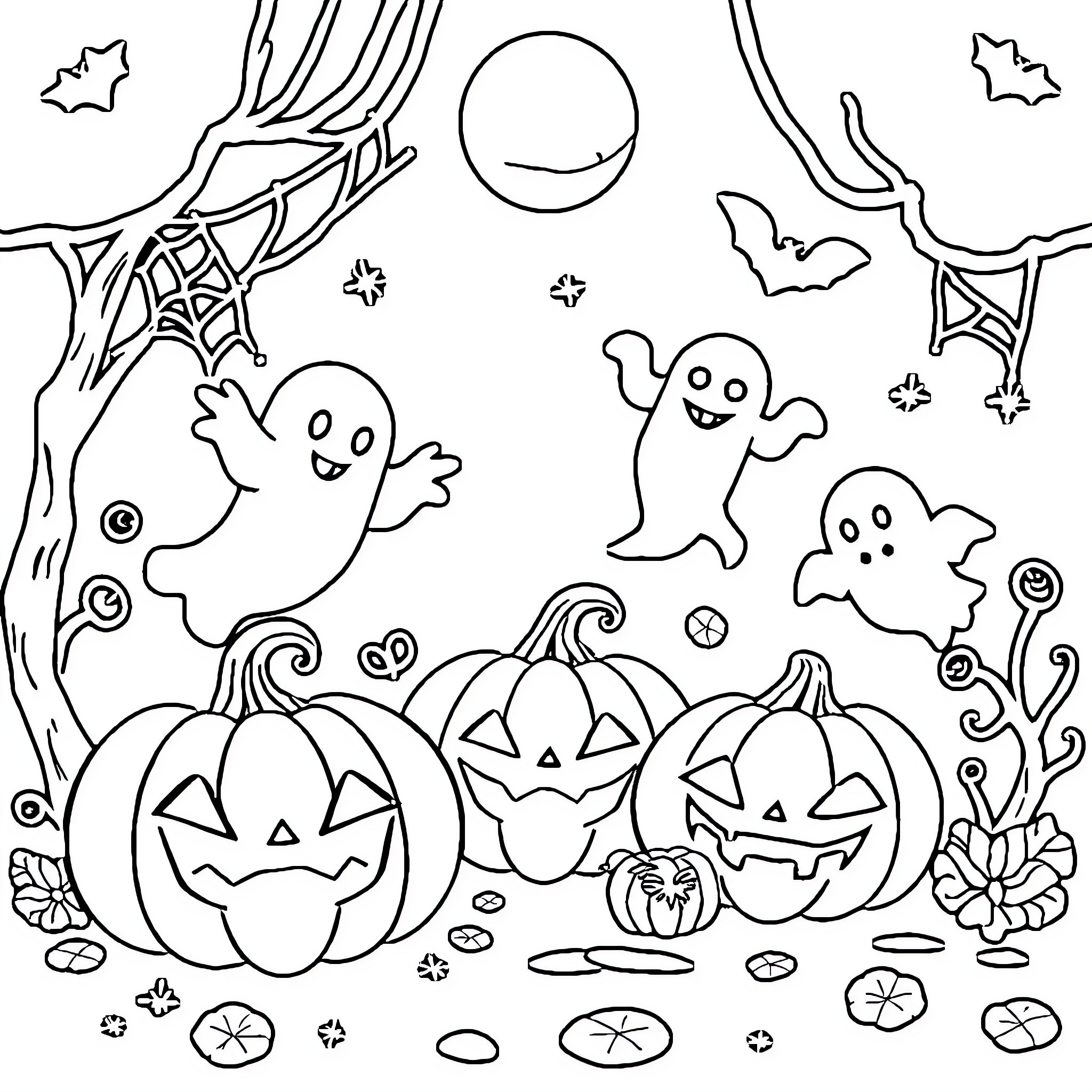 Halloween night with playful ghosts and pumpkins Coloring Page (free black-and-white line drawing printable PDF for all, from beginners to advanced learners, including children, teens, adults, and seniors)