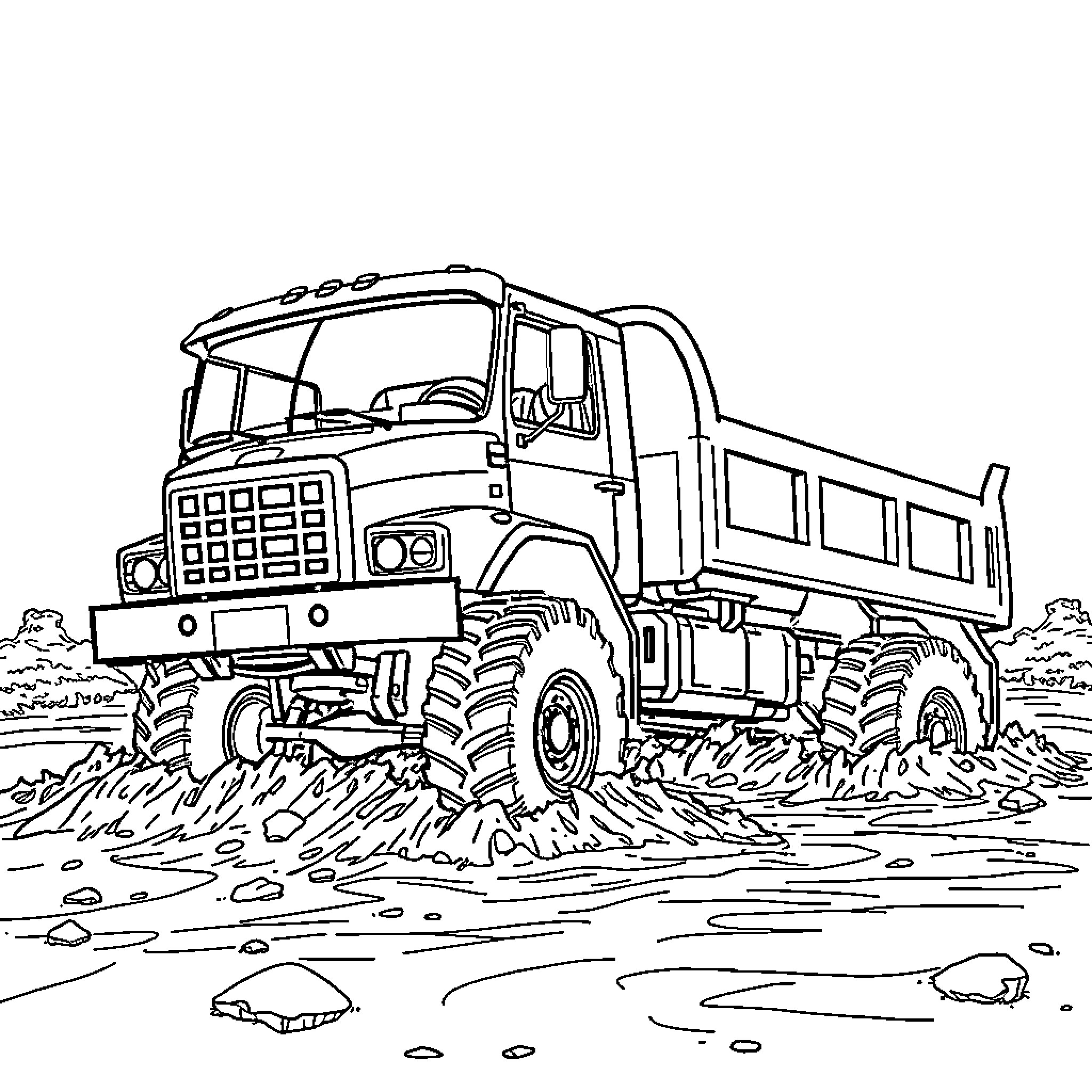 Truck Navigating Rugged Terrain Coloring Page (free black-and-white line drawing printable PDF for all, from beginners to advanced learners, including children, teens, adults, and seniors)