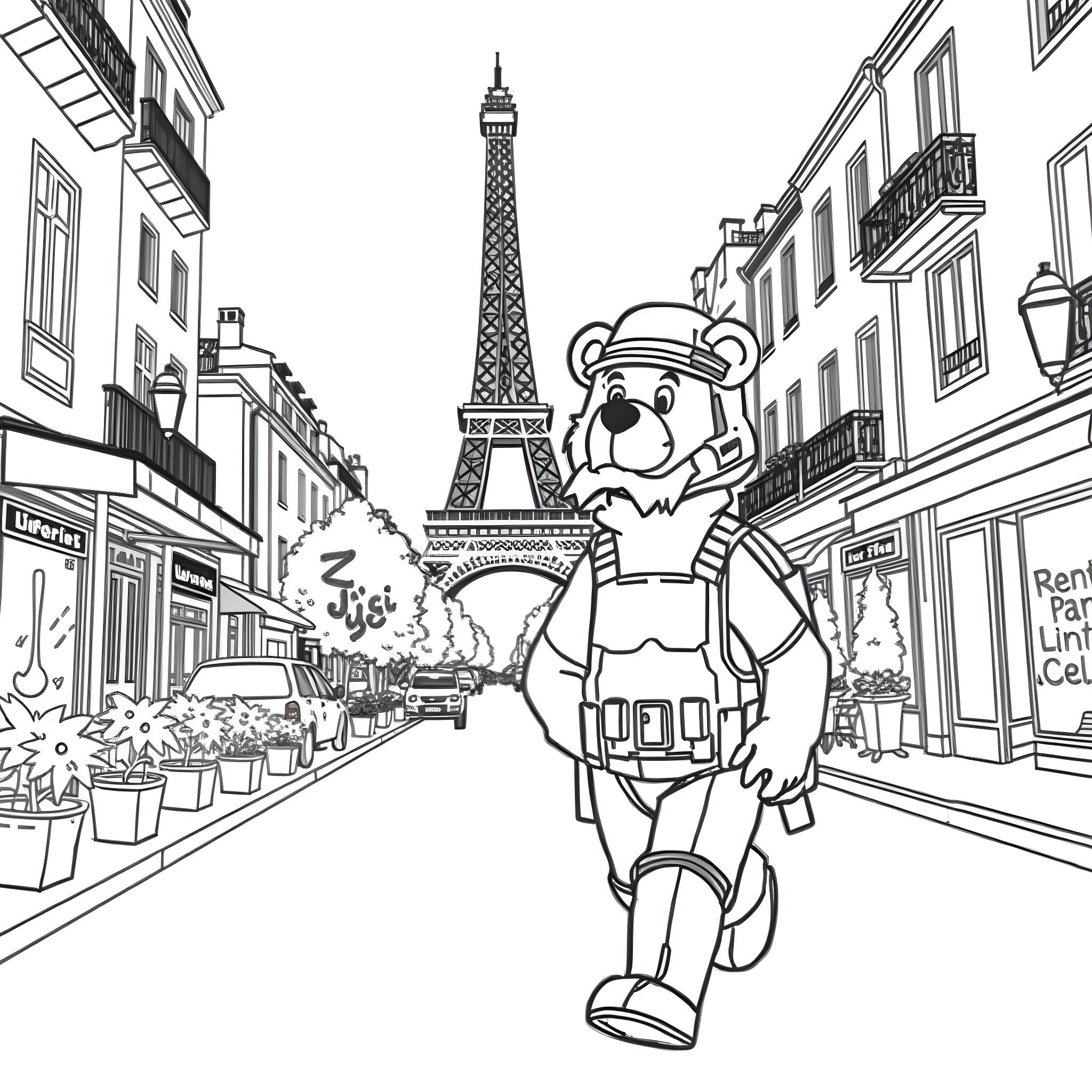 Yogi Bear exploring the streets of Paris Coloring Page (free black-and-white line drawing printable PDF for all, from beginners to advanced learners, including children, teens, adults, and seniors)