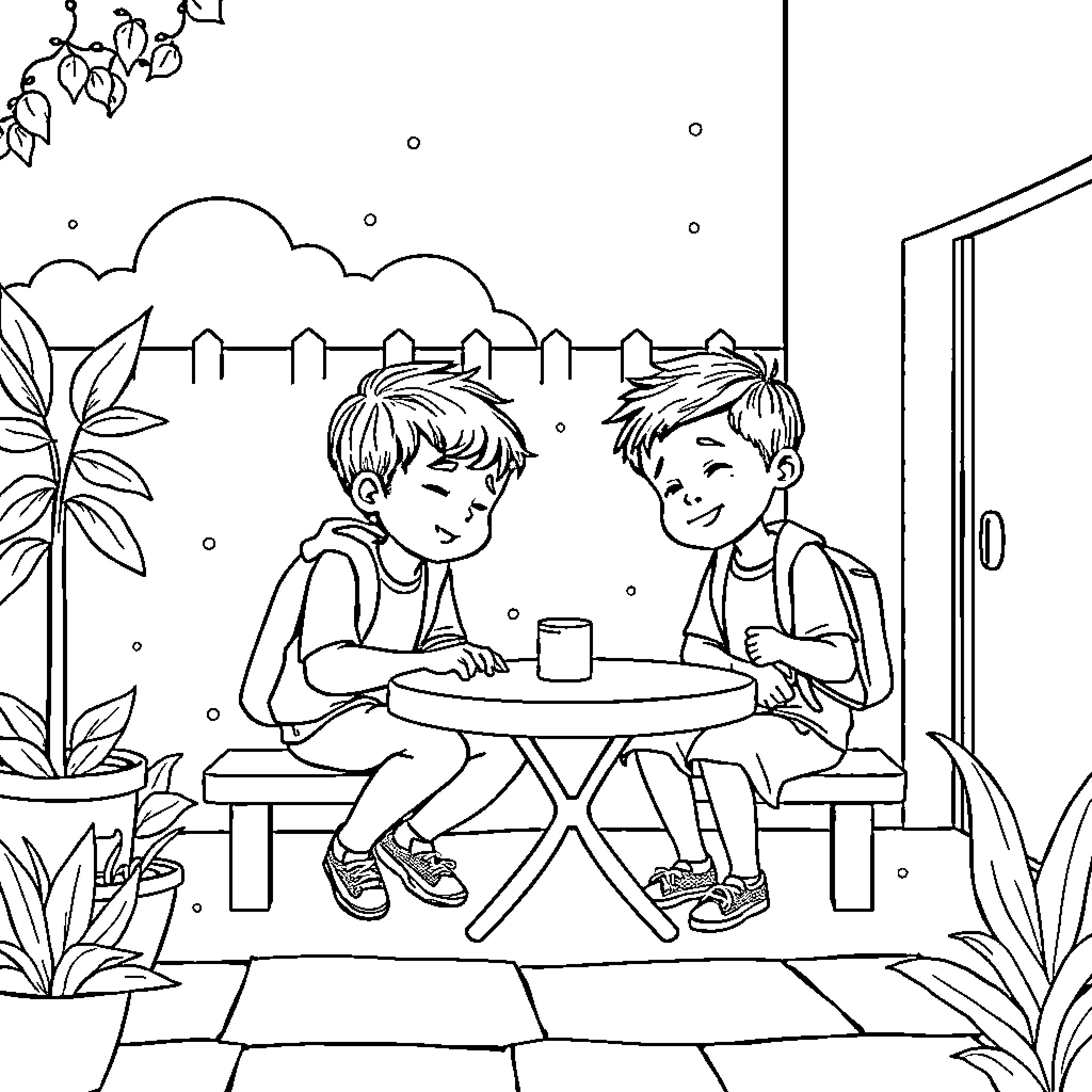 Niños enjoying a pleasant conversation outdoors Coloring Page (free black-and-white line drawing printable PDF for all, from beginners to advanced learners, including children, teens, adults, and seniors)