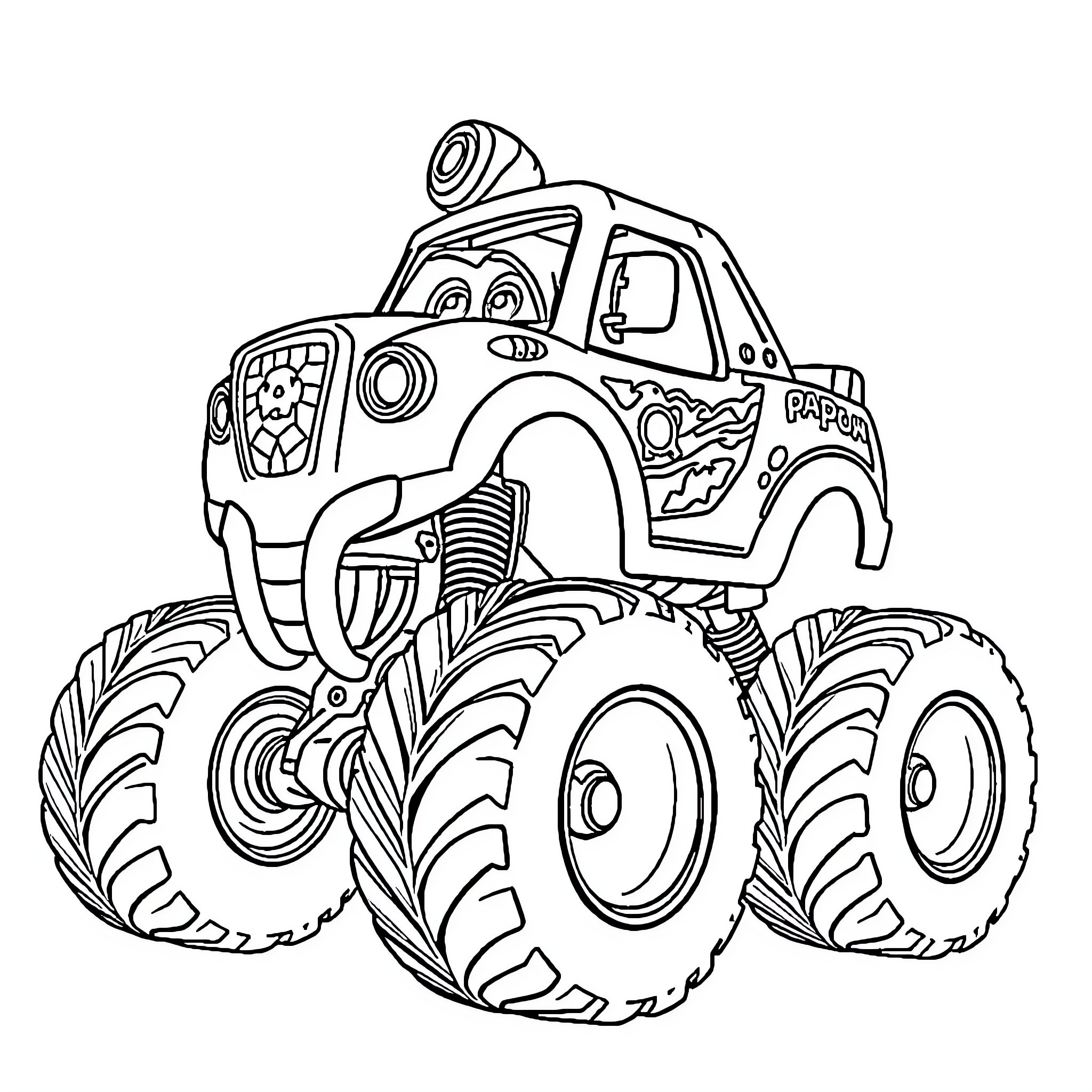 Monster Truck Performing Extreme Stunts Coloring Page (free black-and-white line drawing printable PDF for all, from beginners to advanced learners, including children, teens, adults, and seniors)
