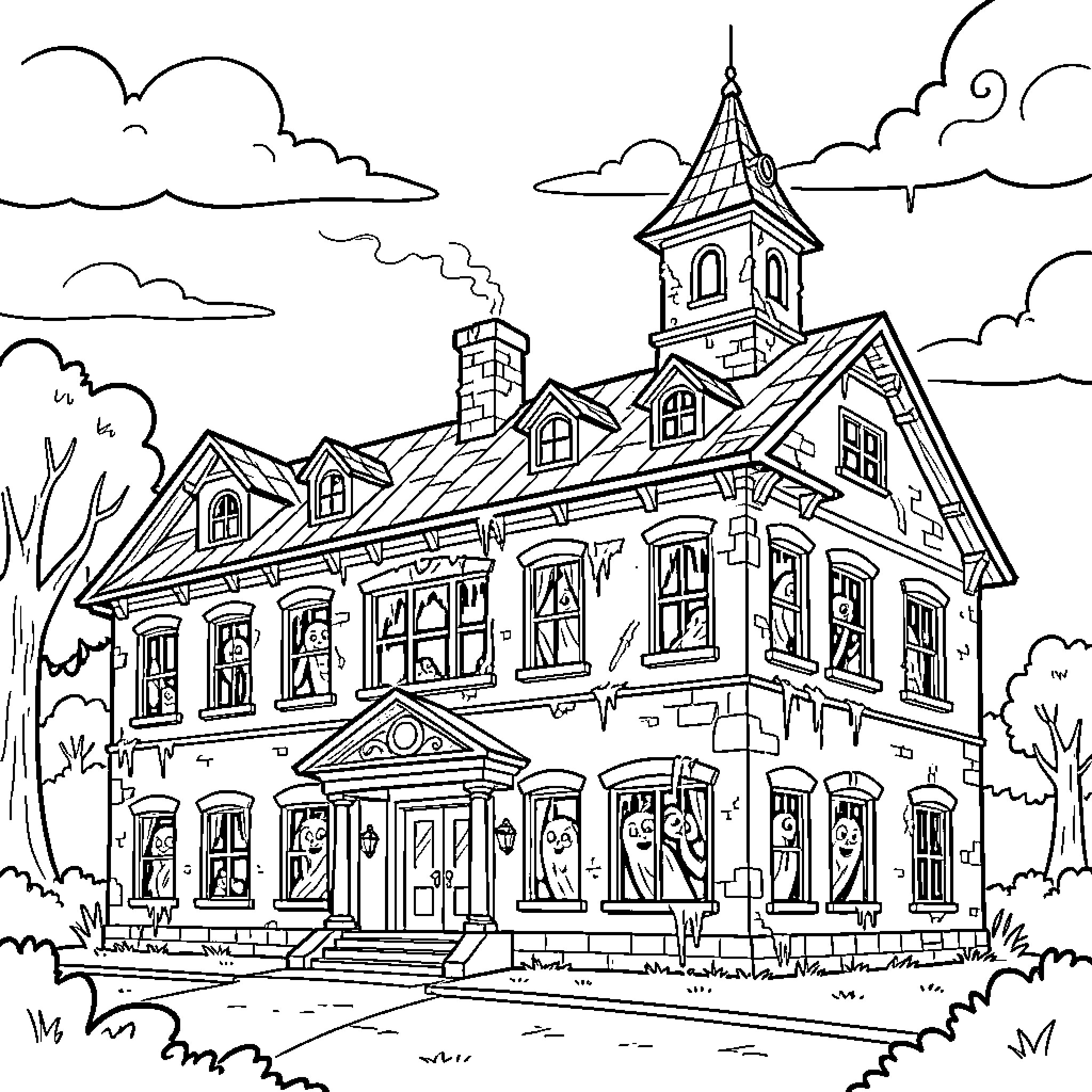 Haunted Hotel with spooky ghosts peeking through windows Coloring Page (free black-and-white line drawing printable PDF for all, from beginners to advanced learners, including children, teens, adults, and seniors)