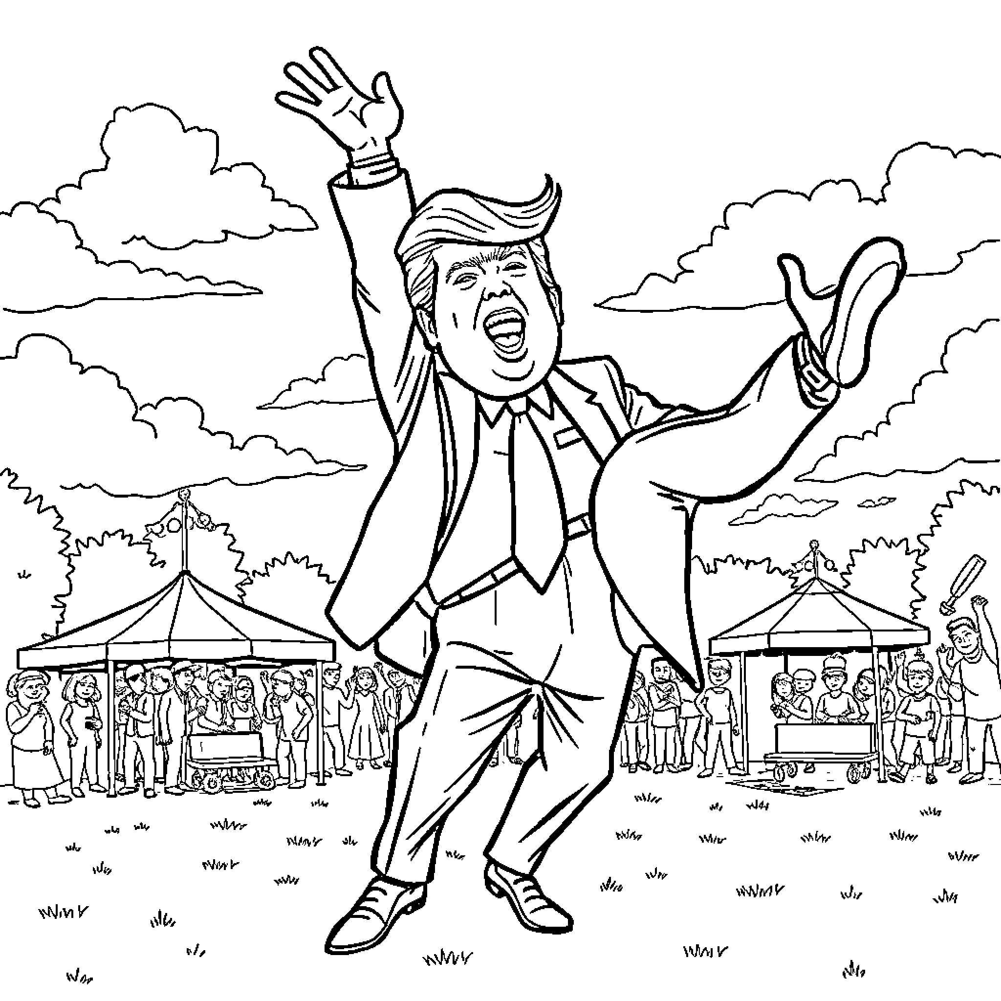 Donald Trump Enthusiastically Addressing Crowd at Carnival Coloring Page (free black-and-white line drawing printable PDF for all, from beginners to advanced learners, including children, teens, adults, and seniors)