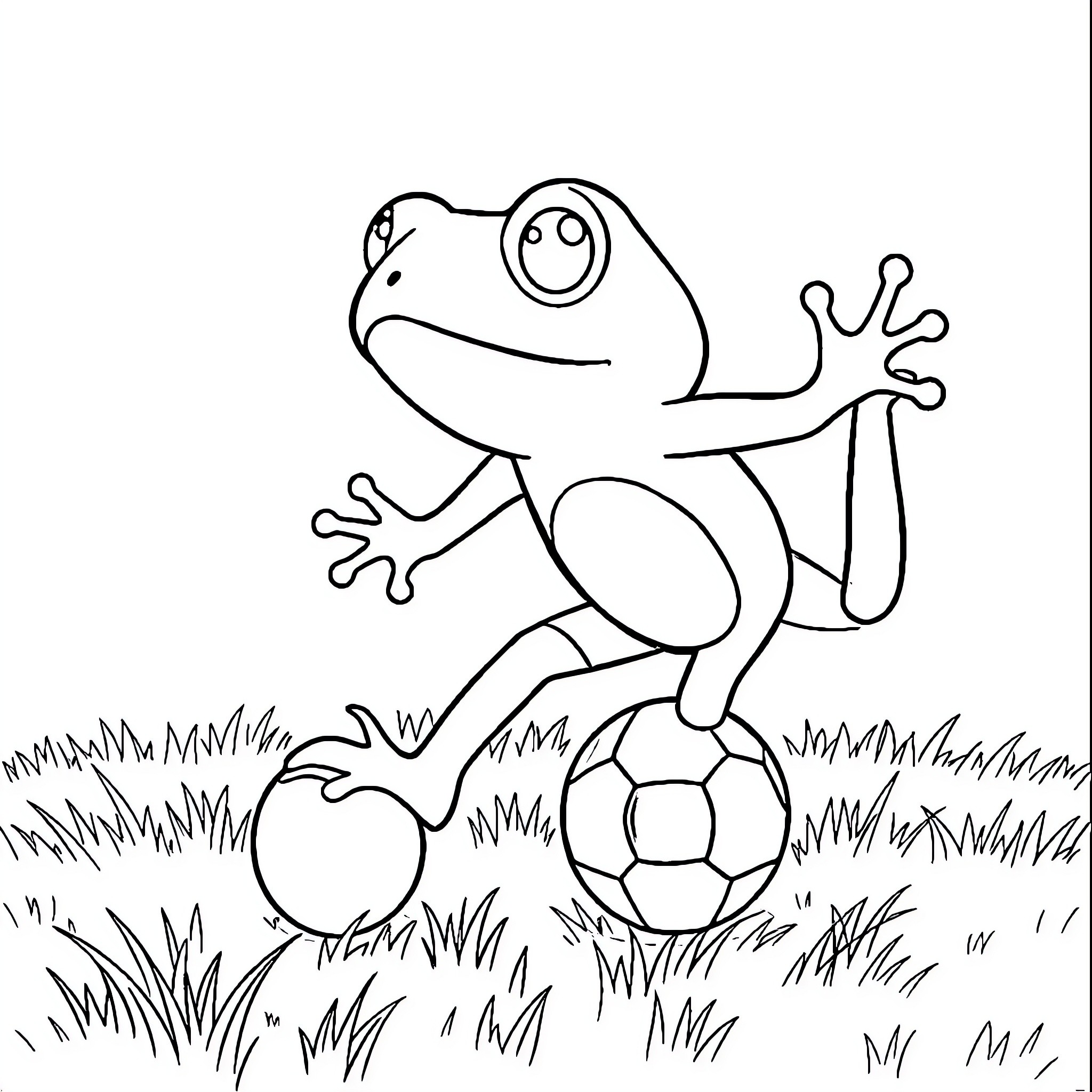 Frog playing with a soccer ball in the grass Coloring Page (free black-and-white line drawing printable PDF for all, from beginners to advanced learners, including children, teens, adults, and seniors)