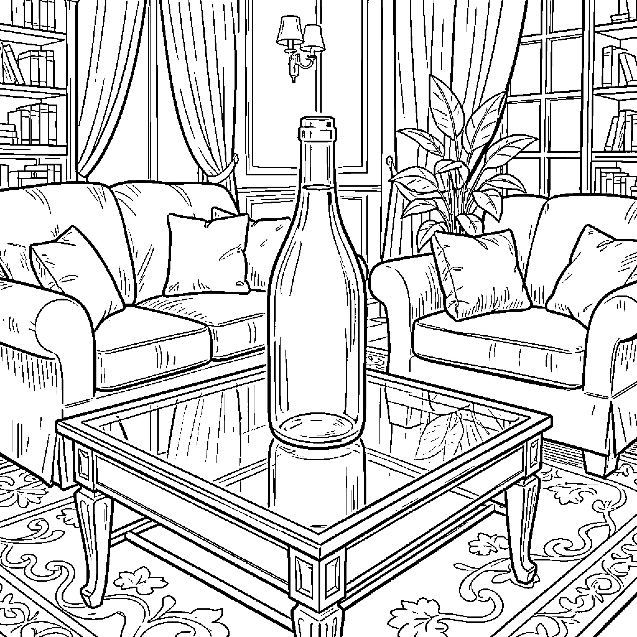 Botella: Cozy Living Room Ambiance Coloring Page (free black-and-white line drawing printable PDF for all, from beginners to advanced learners, including children, teens, adults, and seniors)
