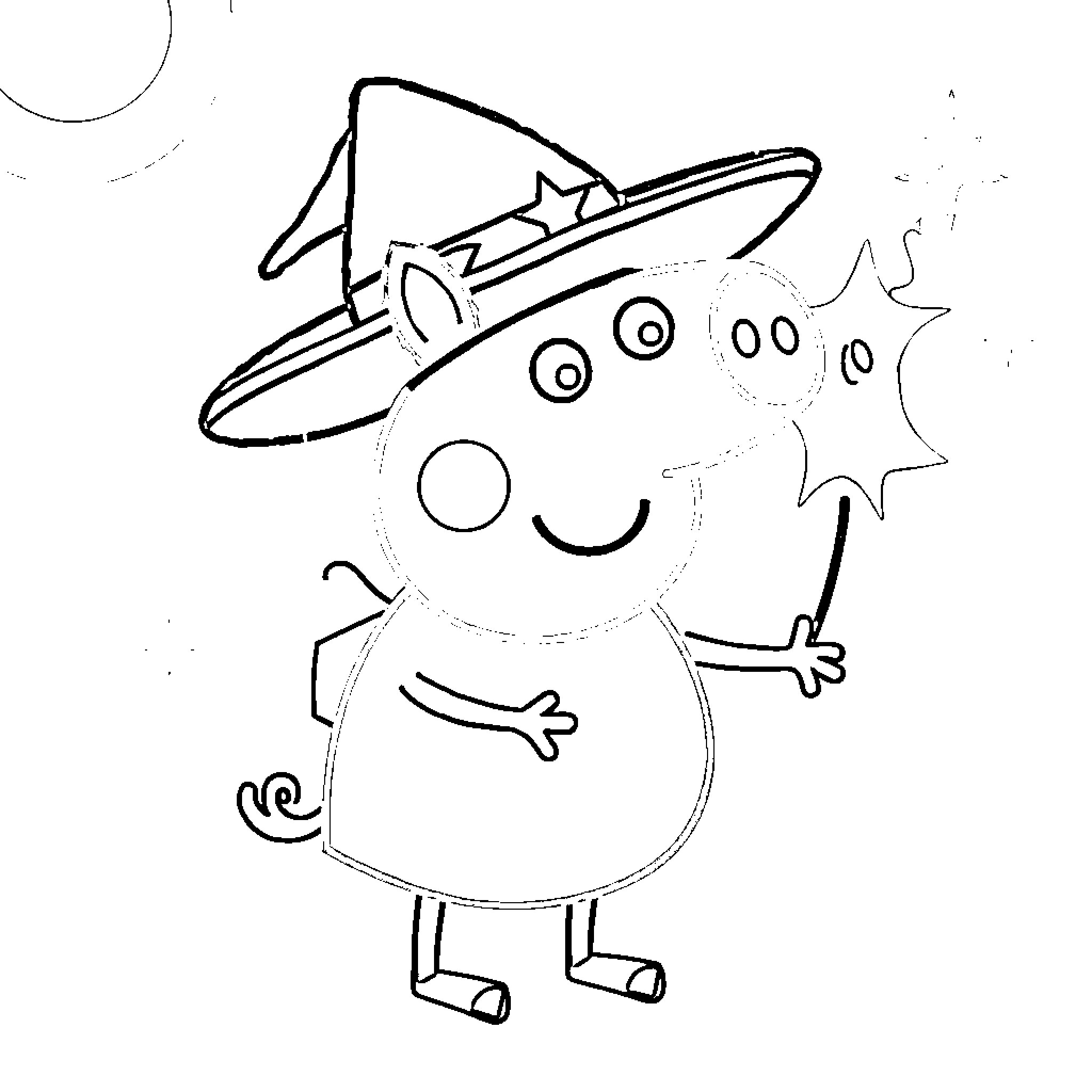 Peppa enjoying a fun witch costume Coloring Page (free black-and-white line drawing printable PDF for all, from beginners to advanced learners, including children, teens, adults, and seniors)