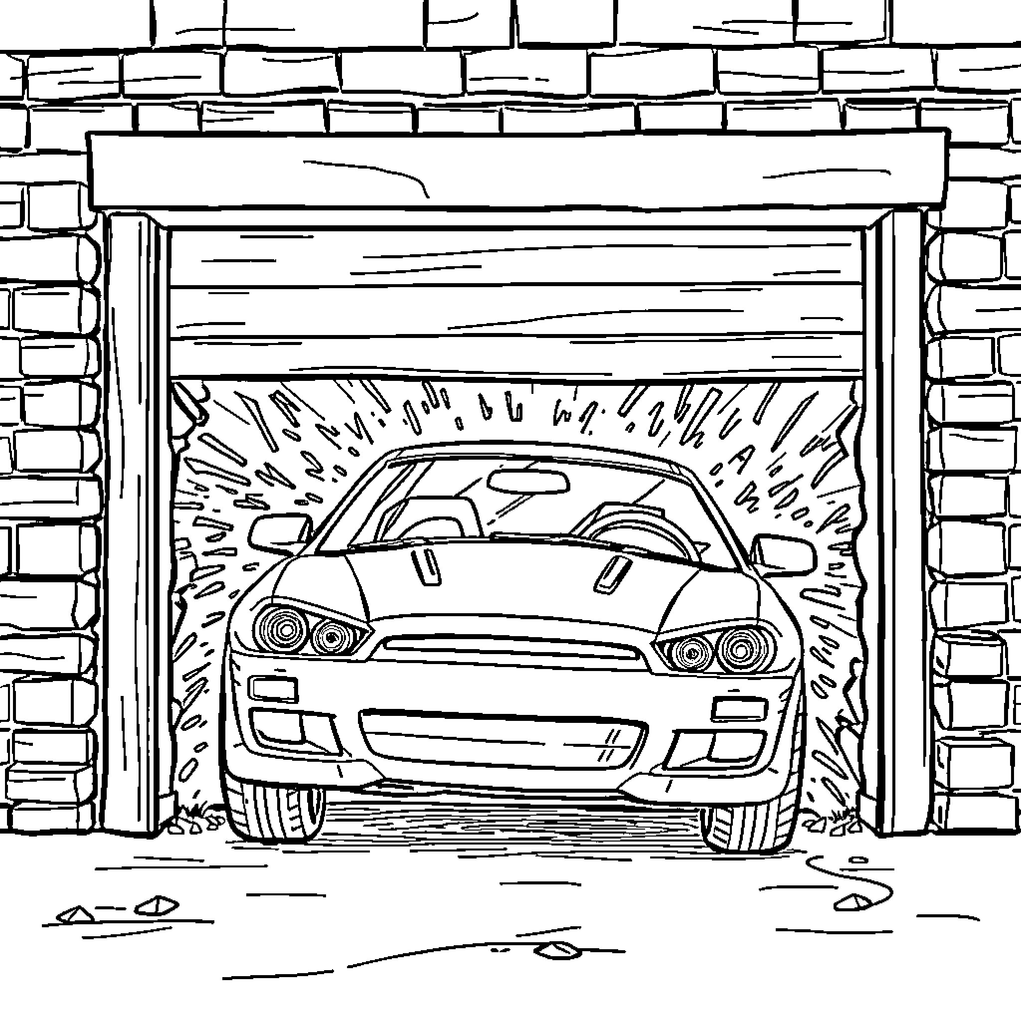 Car emerging from a brick garage Coloring Page (free black-and-white line drawing printable PDF for all, from beginners to advanced learners, including children, teens, adults, and seniors)