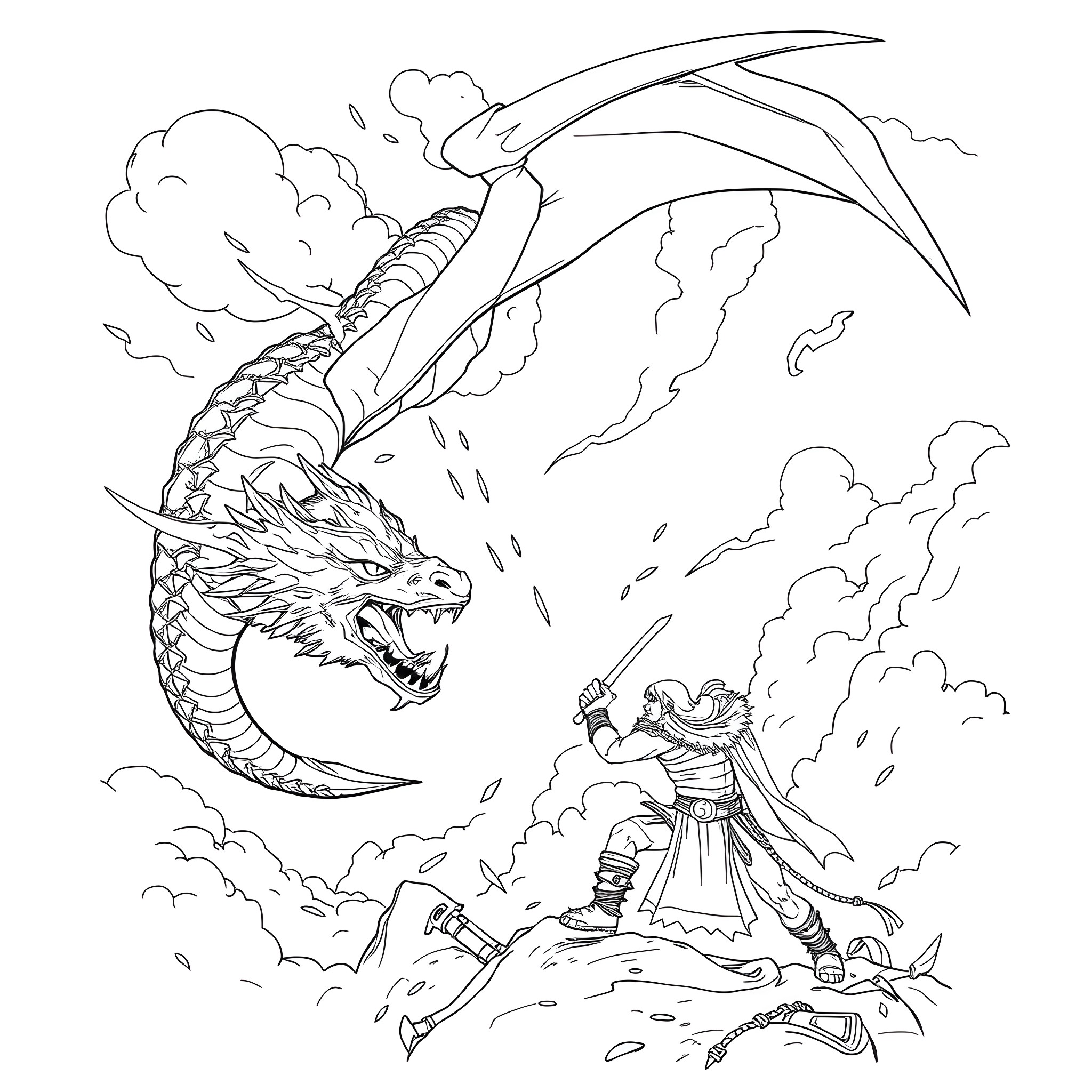 Kratos battles a fearsome dragon in the sky Coloring Page (free black-and-white line drawing printable PDF for all, from beginners to advanced learners, including children, teens, adults, and seniors)