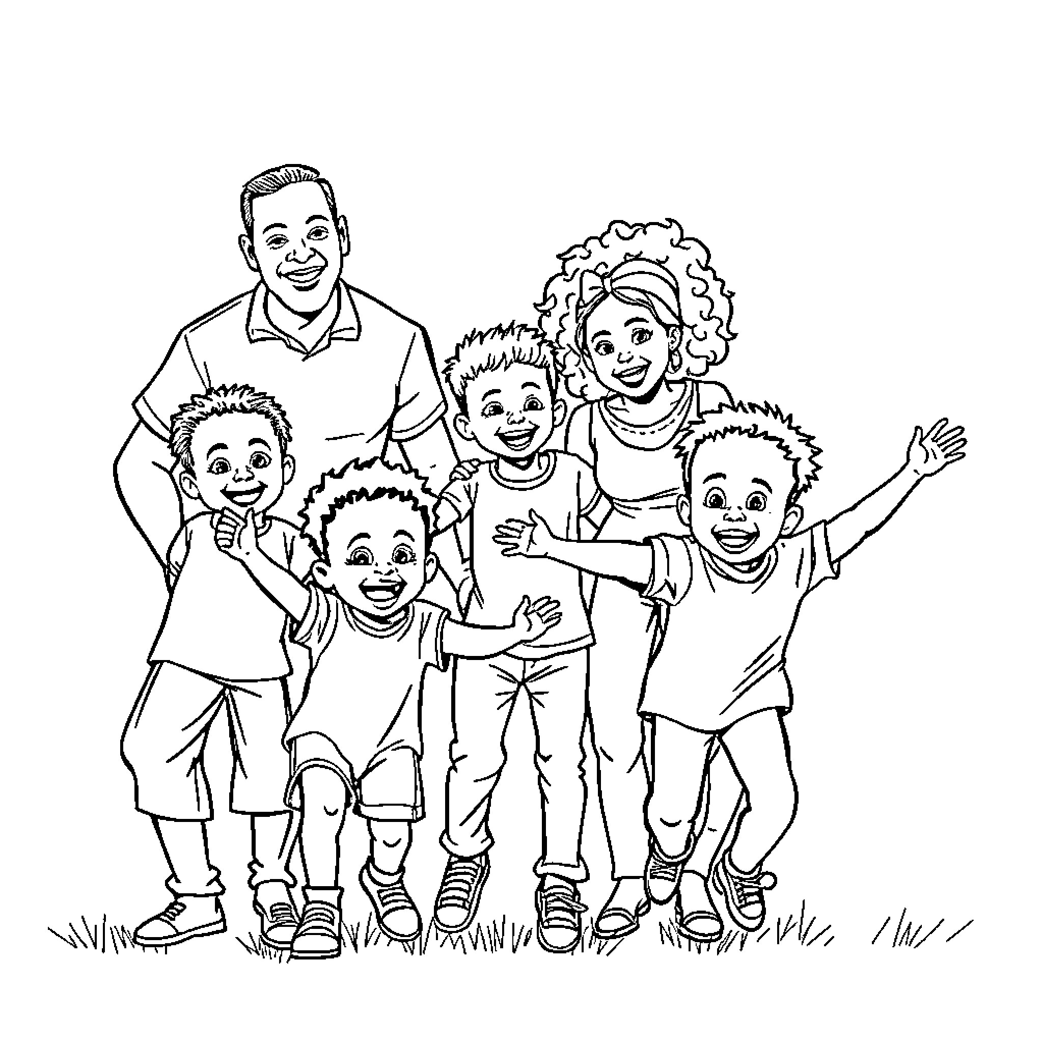 Family enjoying time together outdoors Coloring Page (free black-and-white line drawing printable PDF for all, from beginners to advanced learners, including children, teens, adults, and seniors)