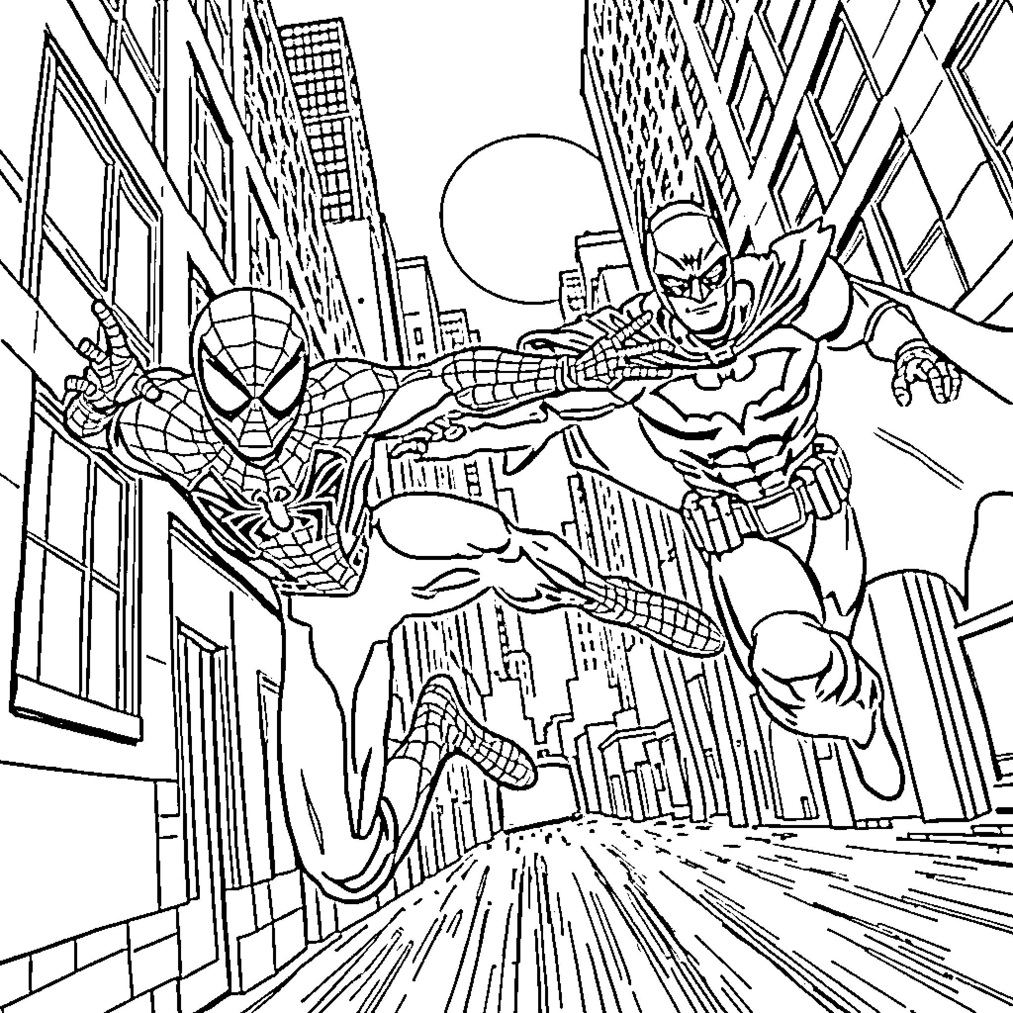 Spider-Man and Batman Heroic Duo in Action Coloring Page (free black-and-white line drawing printable PDF for all, from beginners to advanced learners, including children, teens, adults, and seniors)