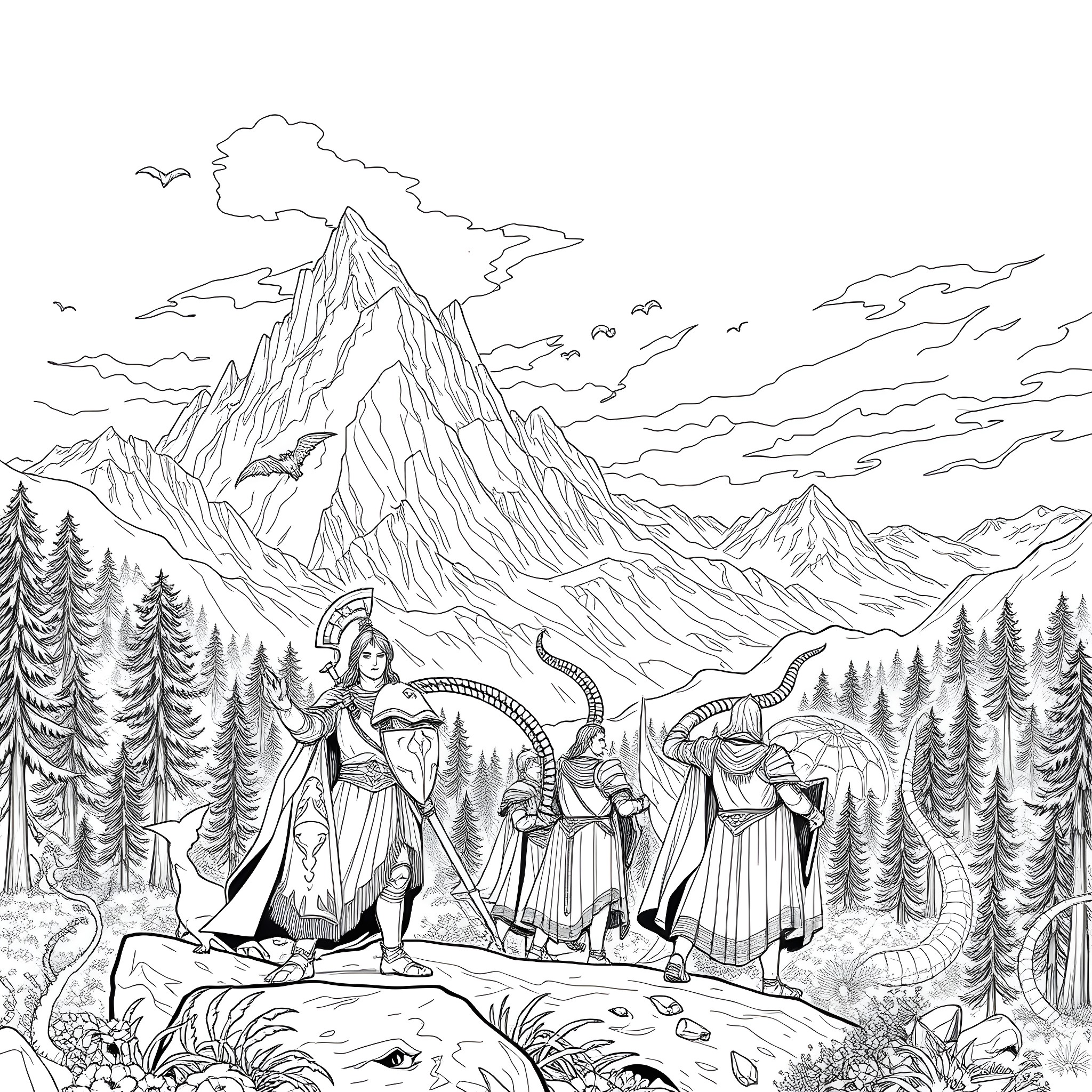 Lord of the Rings: Heroic Fellowship Journeying Through Majestic Mountains Coloring Page (free black-and-white line drawing printable PDF for all, from beginners to advanced learners, including children, teens, adults, and seniors)