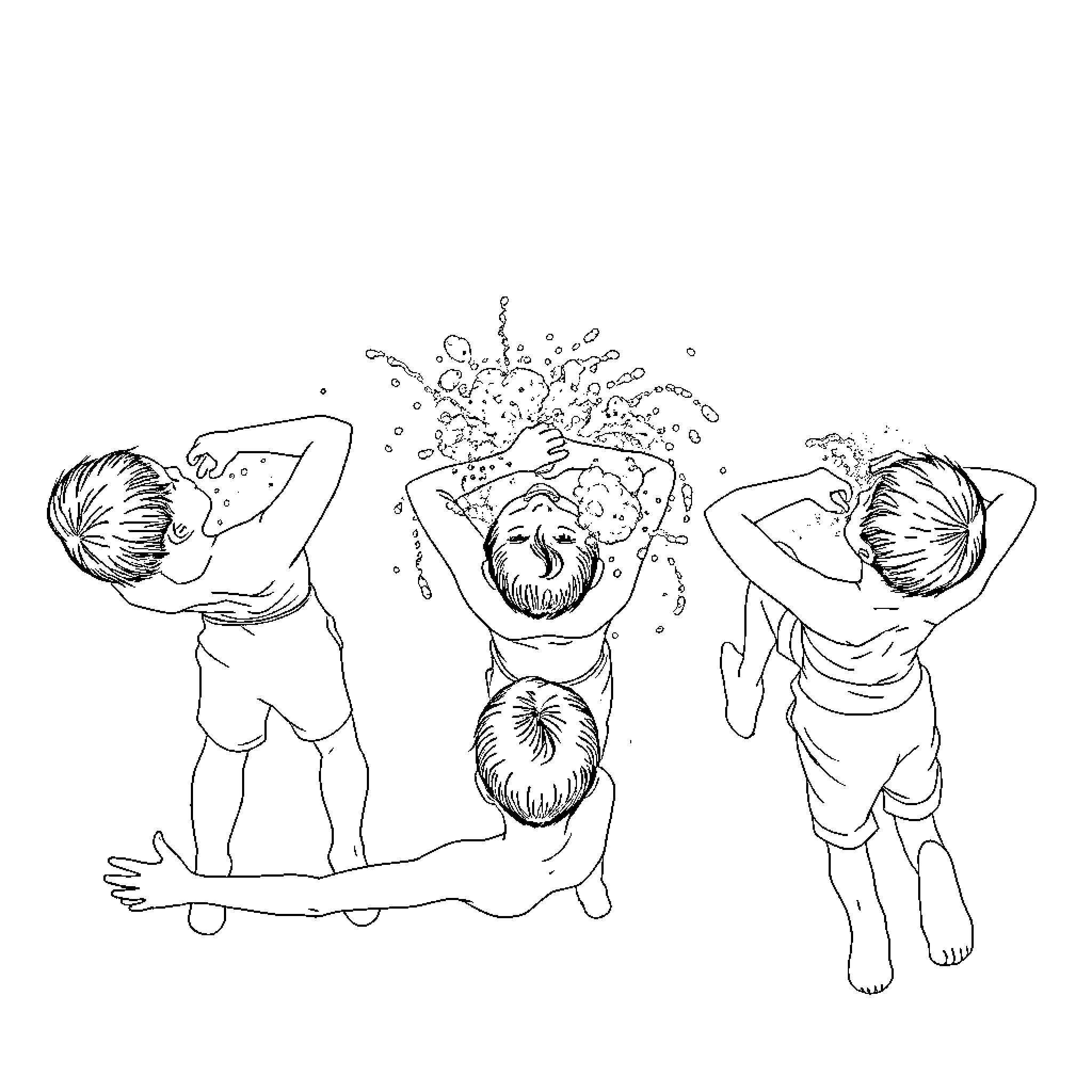 Boy splashing water with friends on a summer day Coloring Page (free black-and-white line drawing printable PDF for all, from beginners to advanced learners, including children, teens, adults, and seniors)